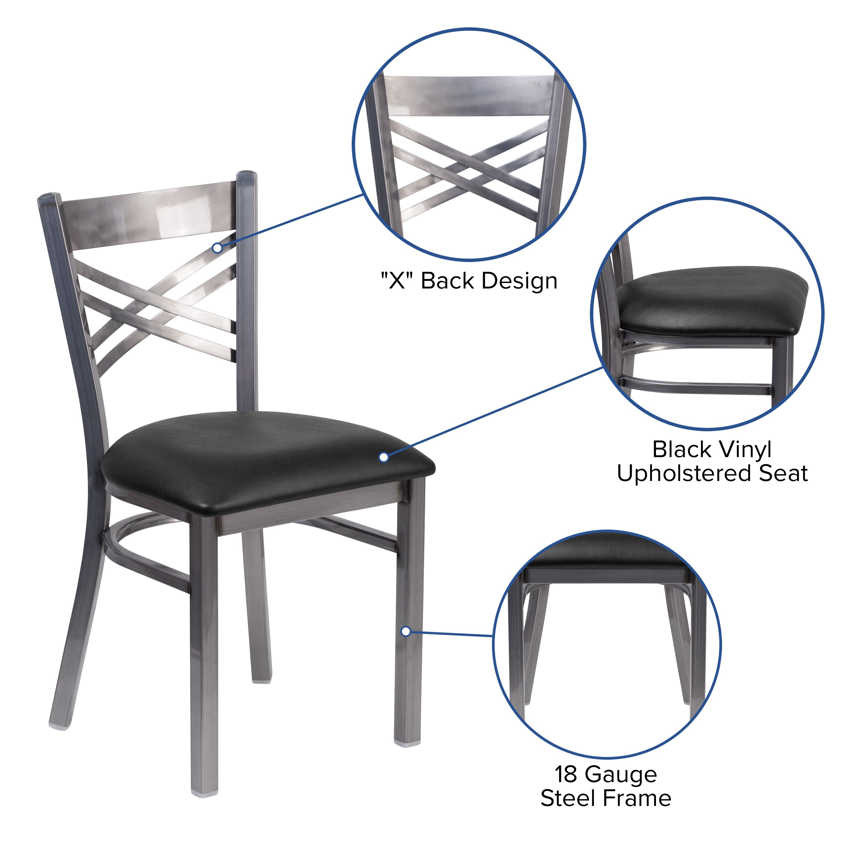 HERCULES Series Silver Antique Finish with Clear Coat ''X'' Back Metal Restaurant Chair - Black Vinyl Seat