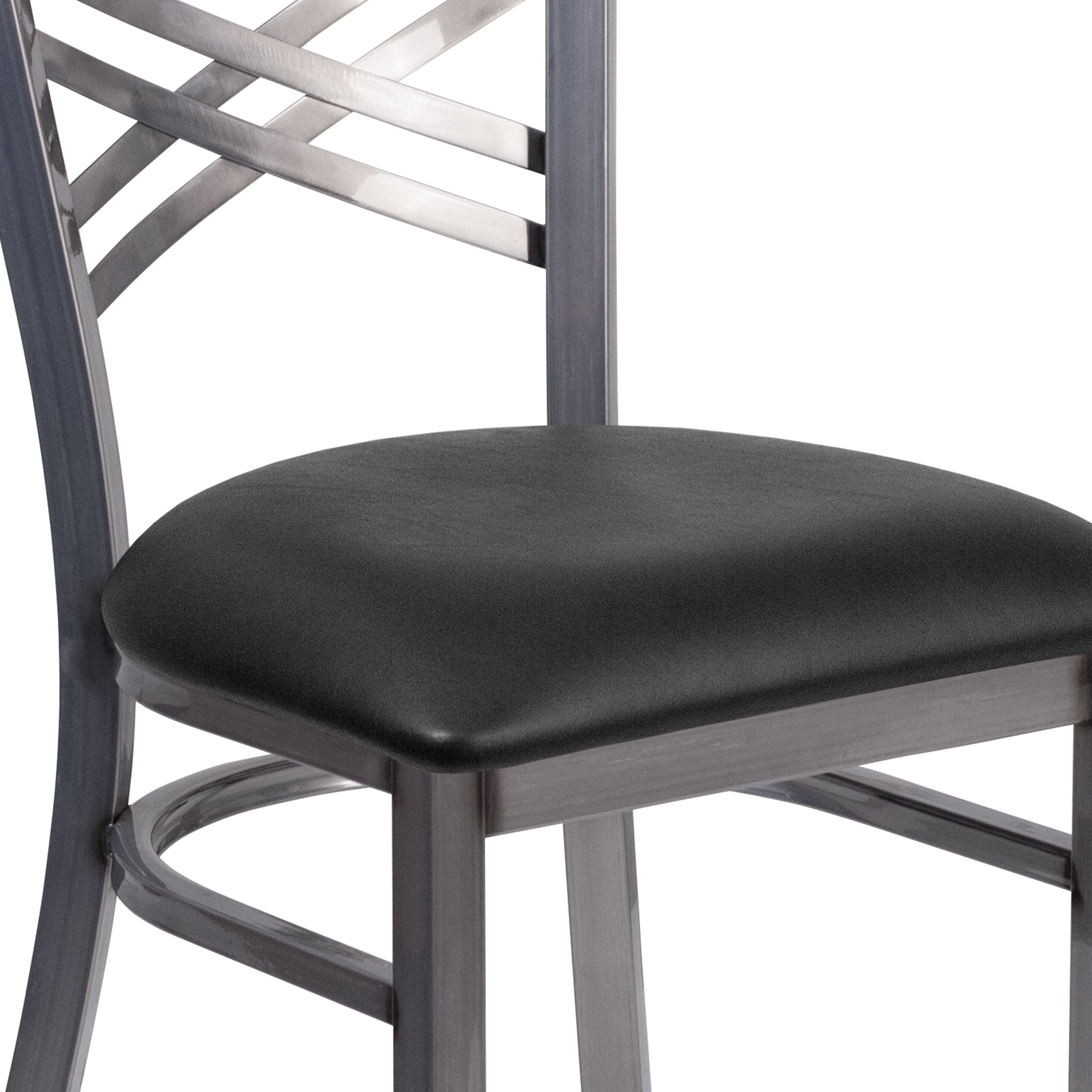 HERCULES Series Silver Antique Finish with Clear Coat ''X'' Back Metal Restaurant Chair - Black Vinyl Seat