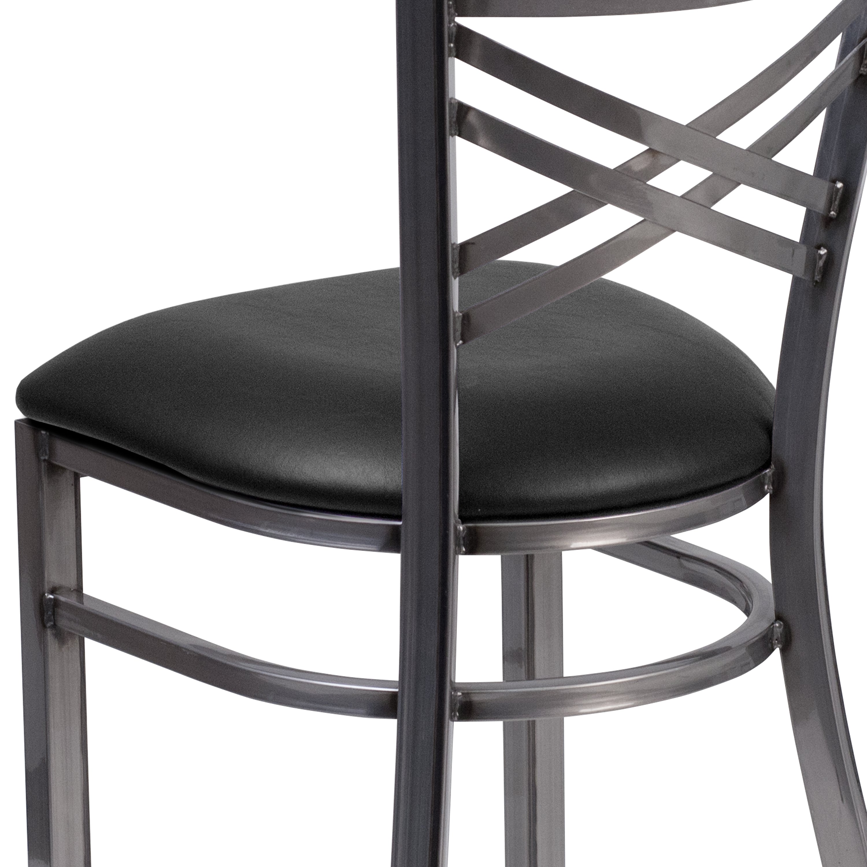 HERCULES Series Silver Antique Finish with Clear Coat ''X'' Back Metal Restaurant Chair - Black Vinyl Seat