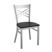 HERCULES Series Silver Antique Finish with Clear Coat ''X'' Back Metal Restaurant Chair - Black Wood Seat