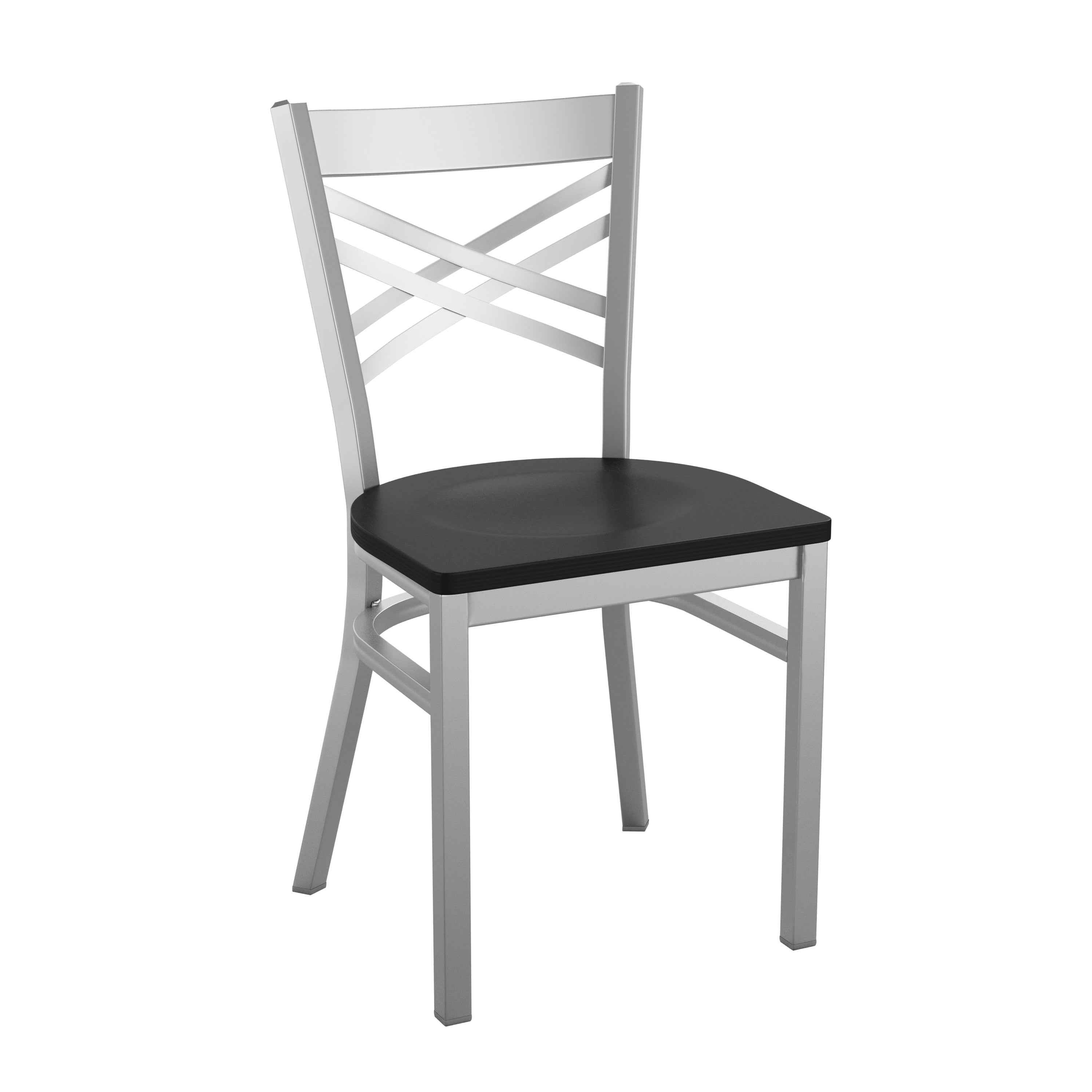 HERCULES Series Silver Antique Finish with Clear Coat ''X'' Back Metal Restaurant Chair - Black Wood Seat