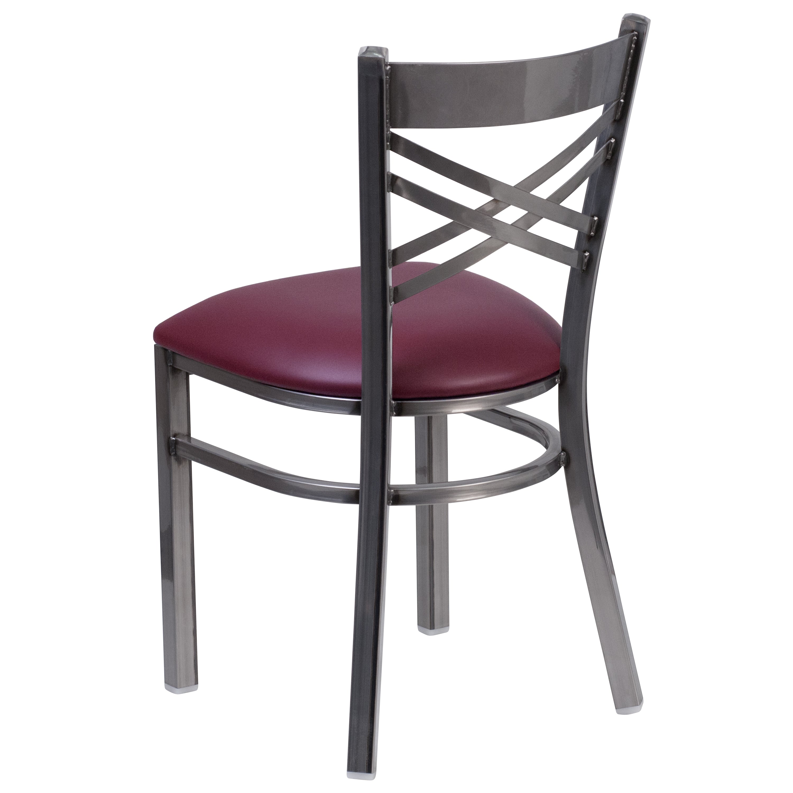 HERCULES Series Silver Antique Finish with Clear Coat ''X'' Back Metal Restaurant Chair - Burgundy Vinyl Seat