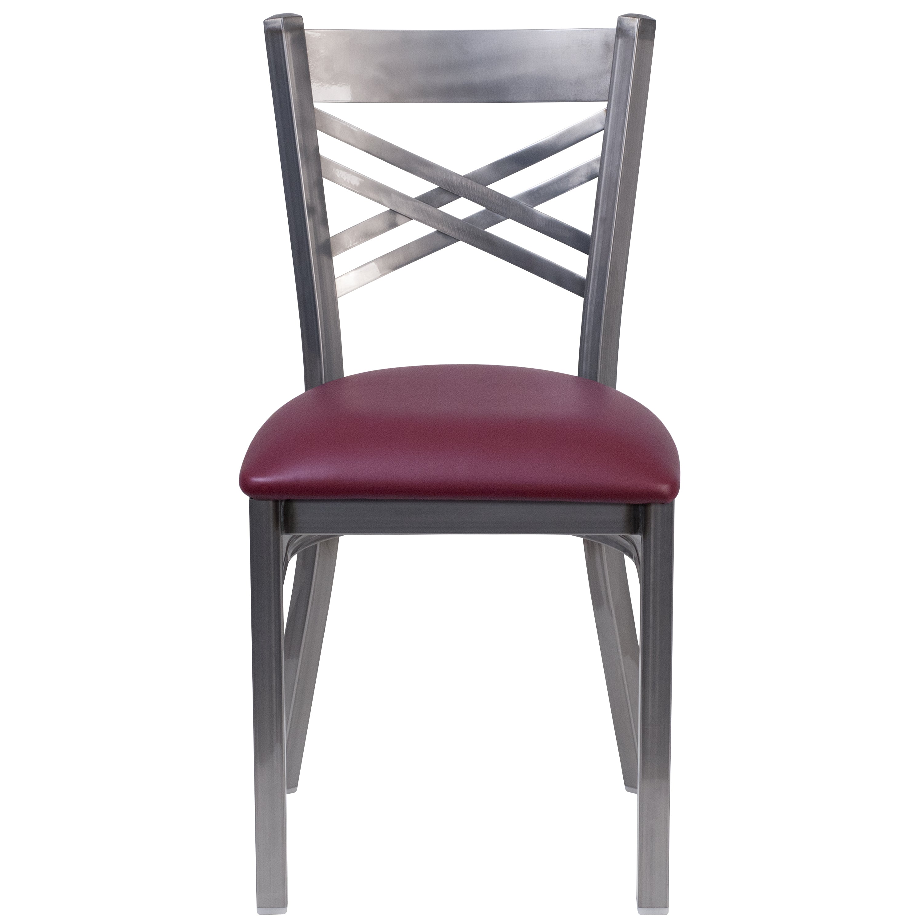 HERCULES Series Silver Antique Finish with Clear Coat ''X'' Back Metal Restaurant Chair - Burgundy Vinyl Seat