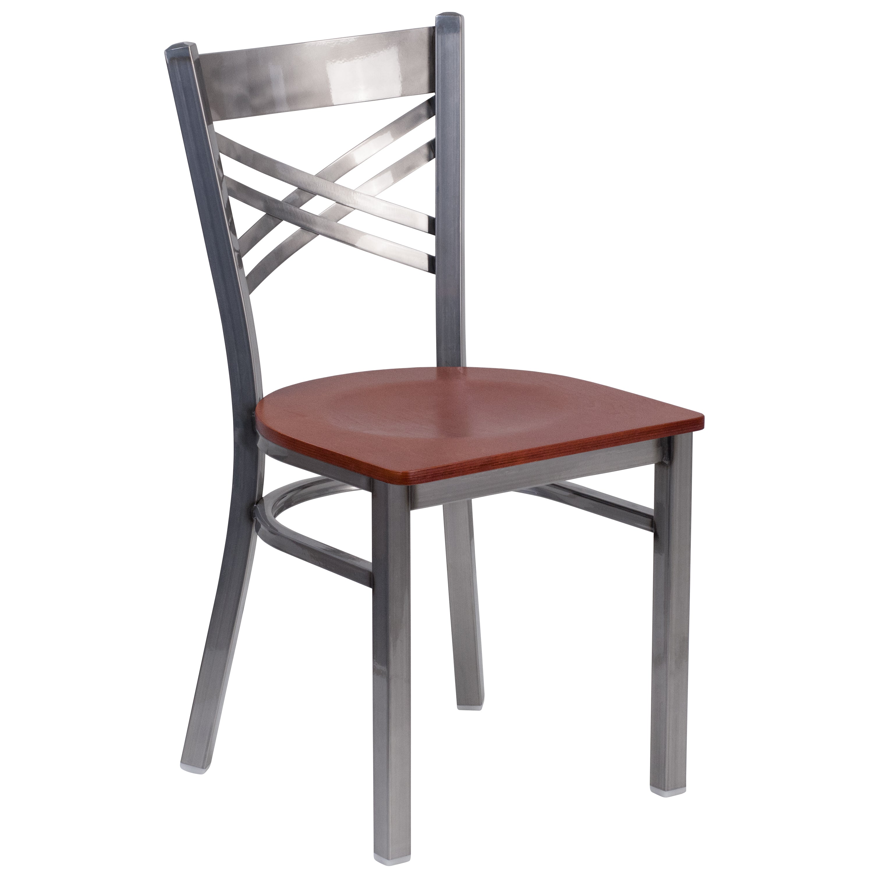 HERCULES Series Silver Antique Finish with Clear Coat ''X'' Back Metal Restaurant Chair - Cherry Wood Seat