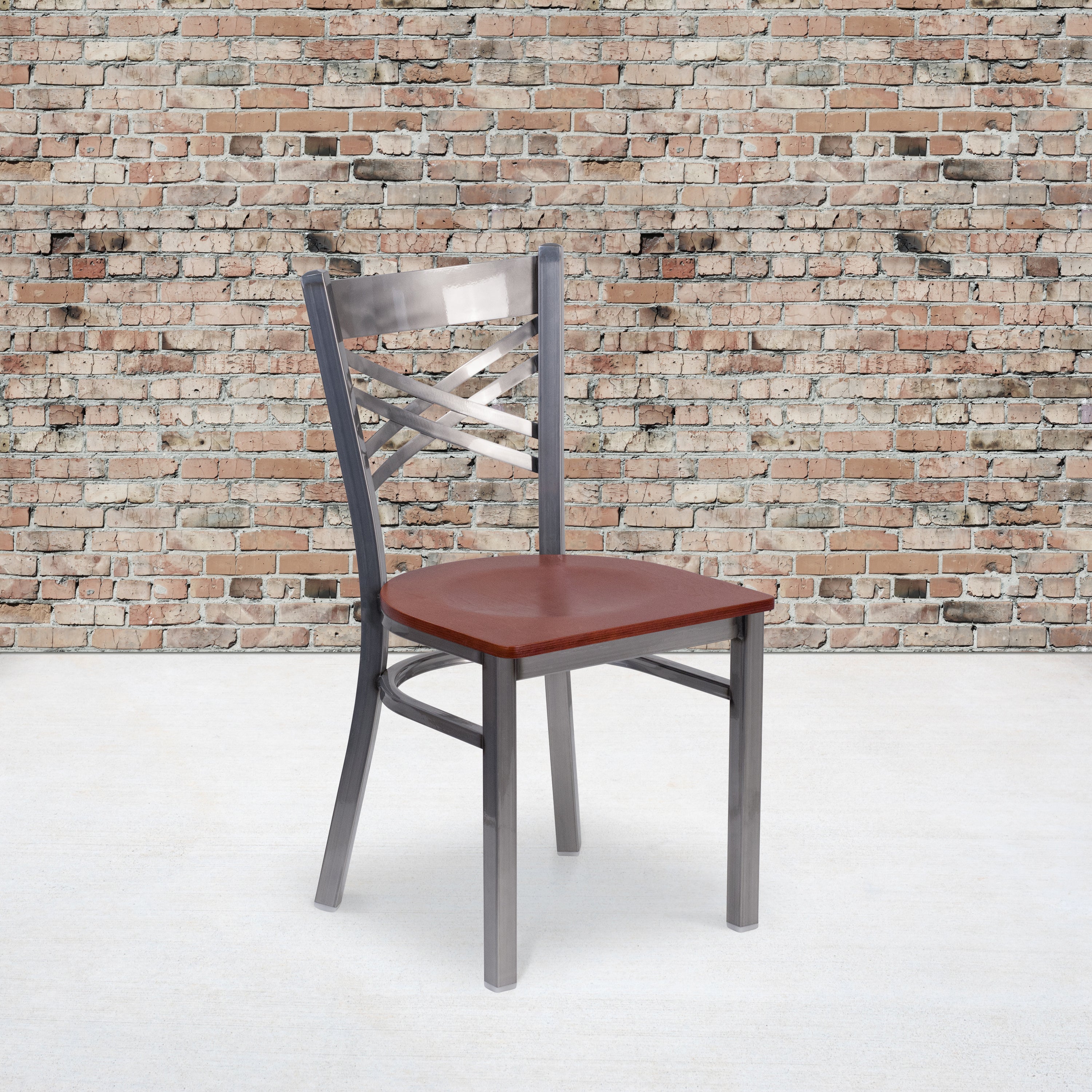 HERCULES Series Silver Antique Finish with Clear Coat ''X'' Back Metal Restaurant Chair - Cherry Wood Seat