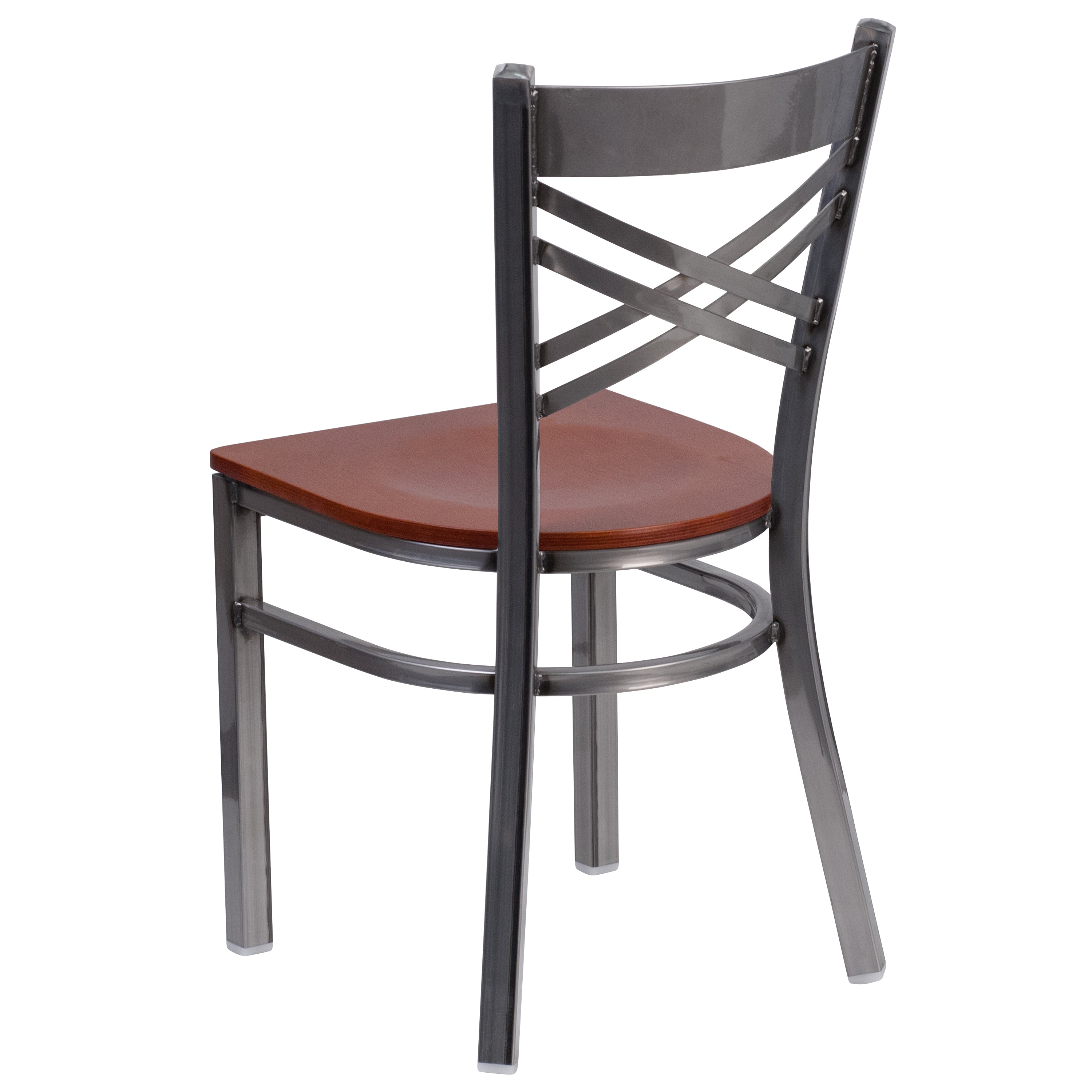 HERCULES Series Silver Antique Finish with Clear Coat ''X'' Back Metal Restaurant Chair - Cherry Wood Seat