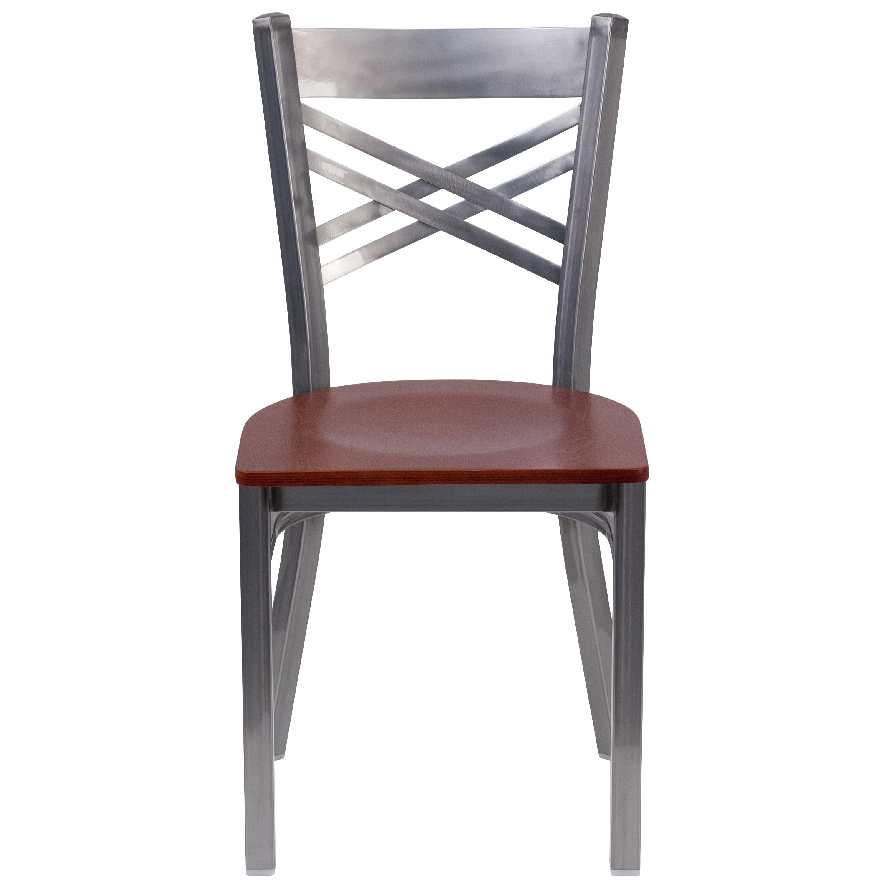 HERCULES Series Silver Antique Finish with Clear Coat ''X'' Back Metal Restaurant Chair - Cherry Wood Seat