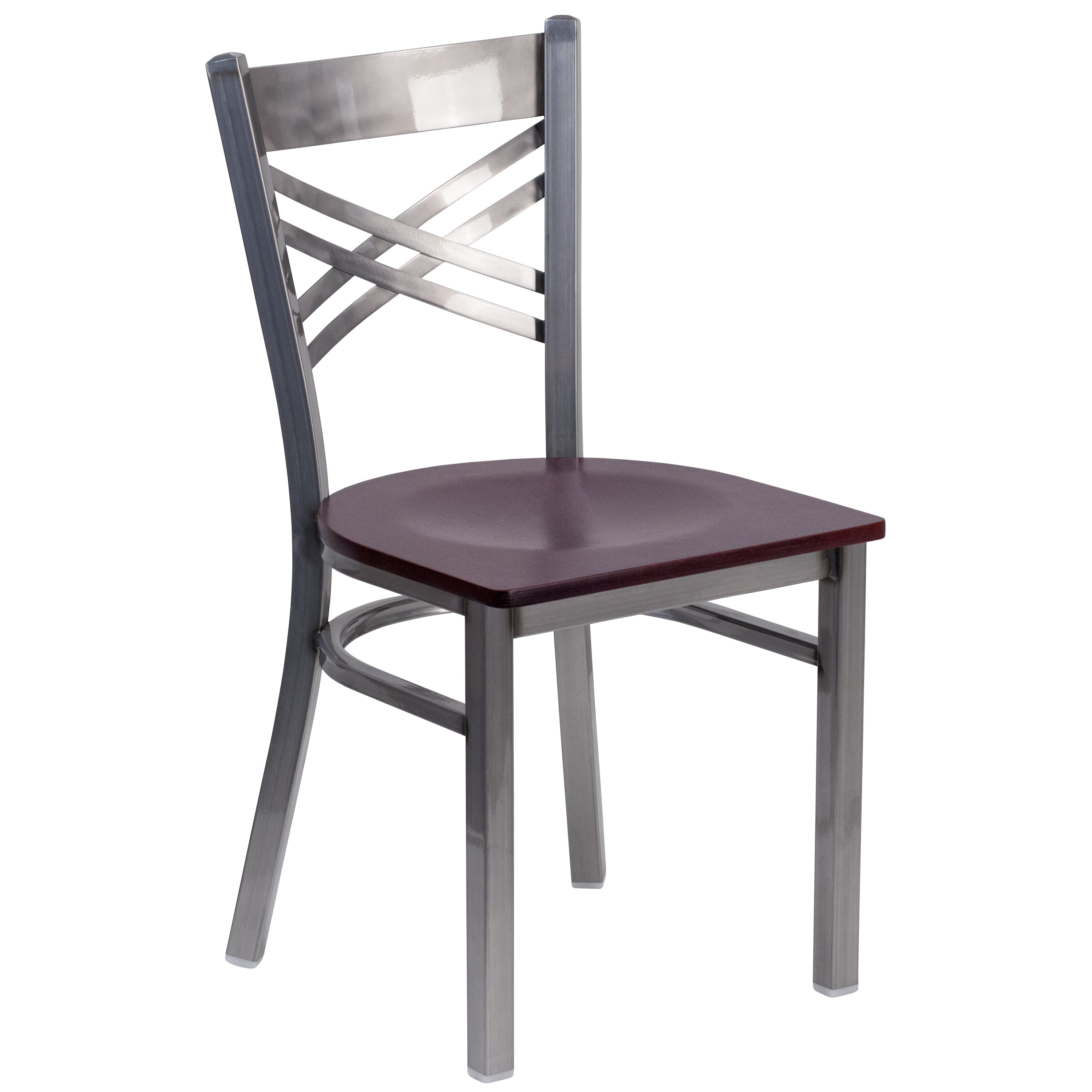 HERCULES Series Silver Antique Finish with Clear Coat ''X'' Back Metal Restaurant Chair - Mahogany Wood Seat