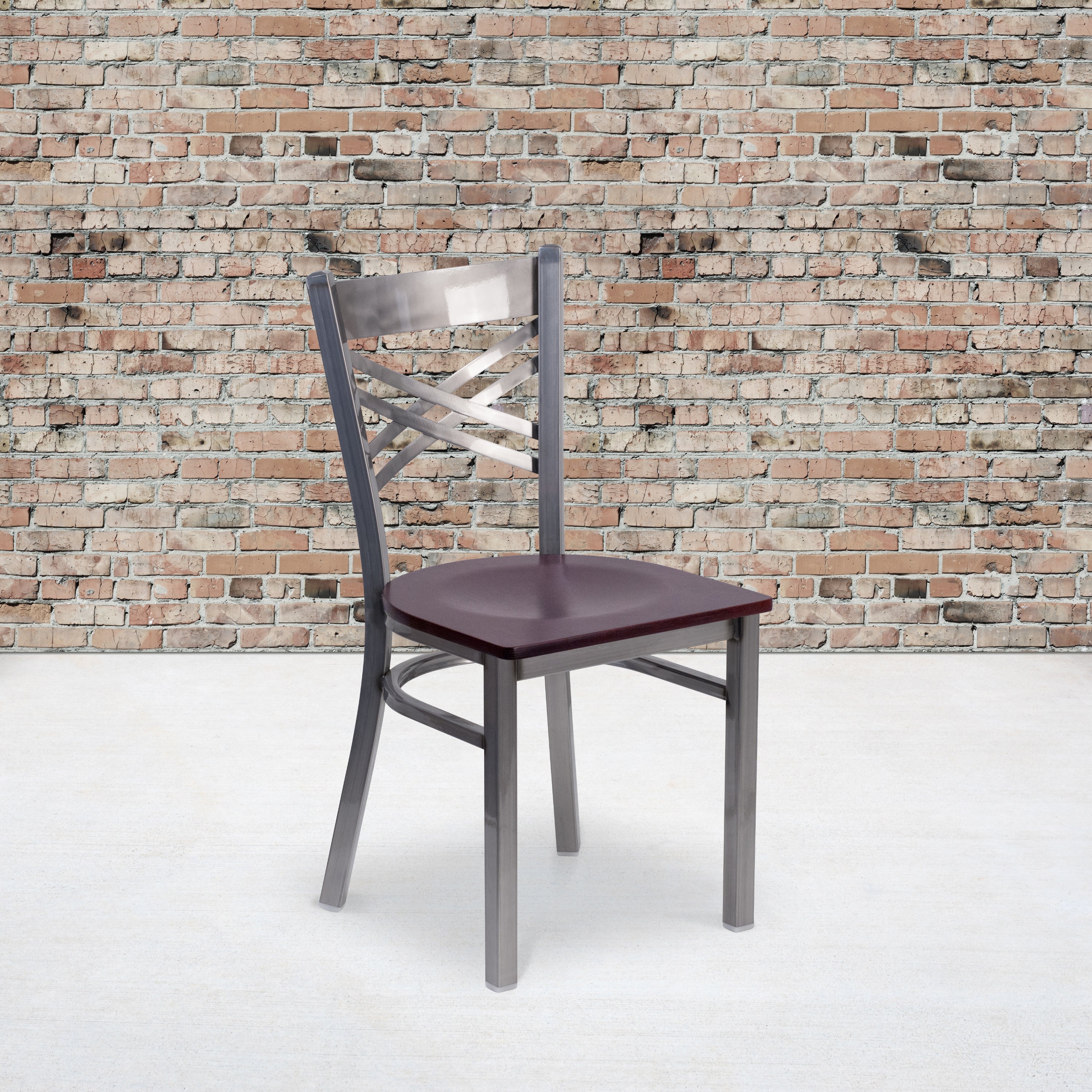HERCULES Series Silver Antique Finish with Clear Coat ''X'' Back Metal Restaurant Chair - Mahogany Wood Seat