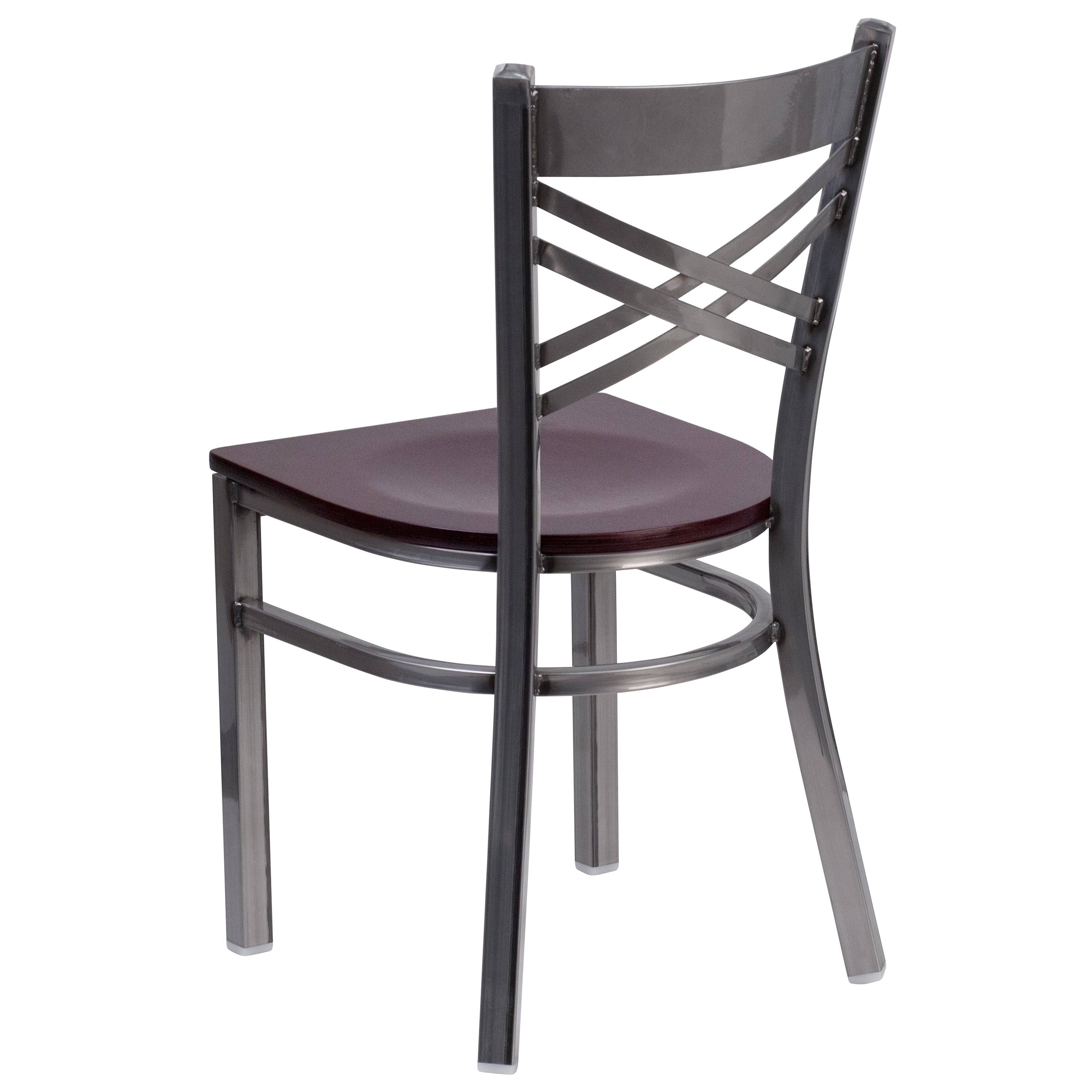 HERCULES Series Silver Antique Finish with Clear Coat ''X'' Back Metal Restaurant Chair - Mahogany Wood Seat
