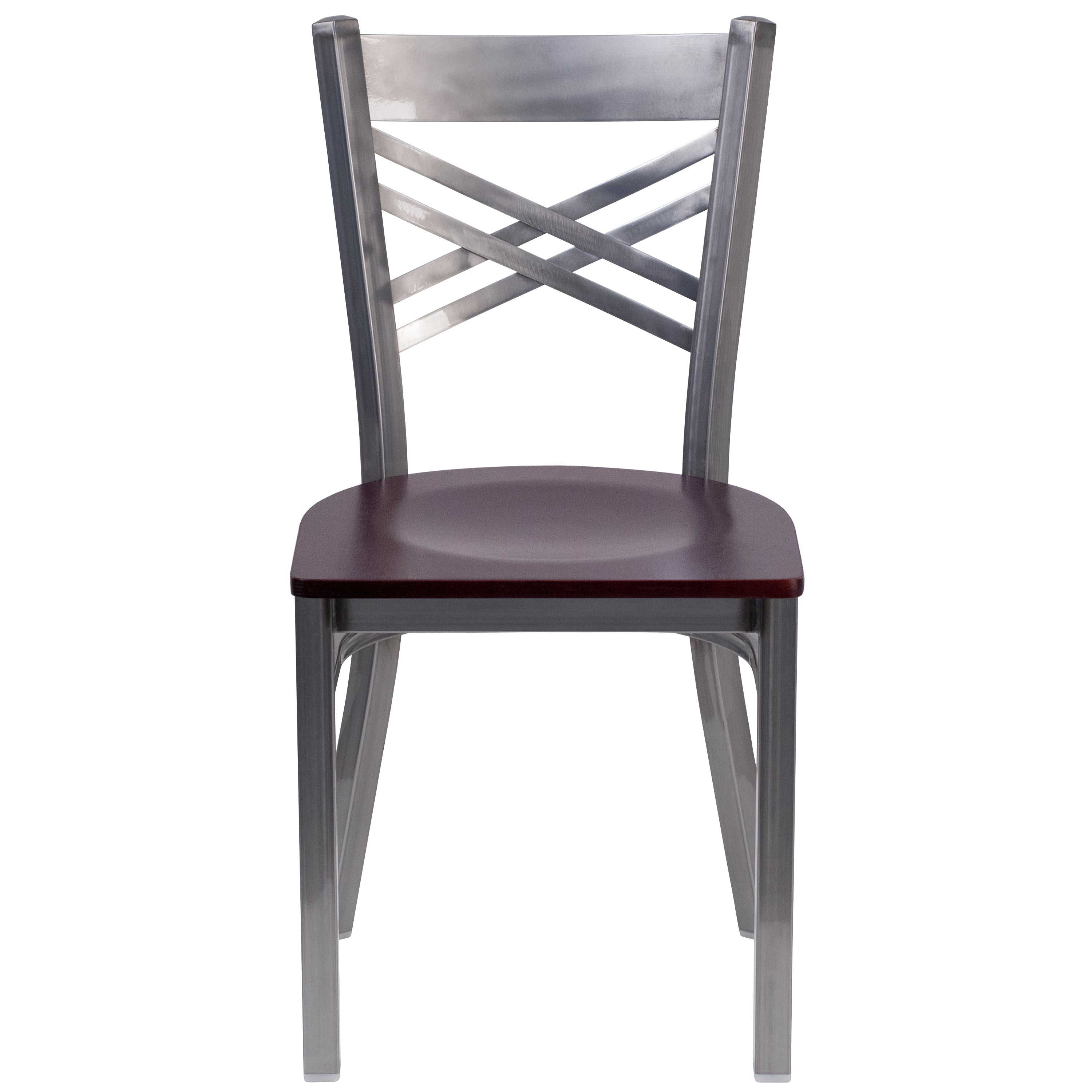 HERCULES Series Silver Antique Finish with Clear Coat ''X'' Back Metal Restaurant Chair - Mahogany Wood Seat