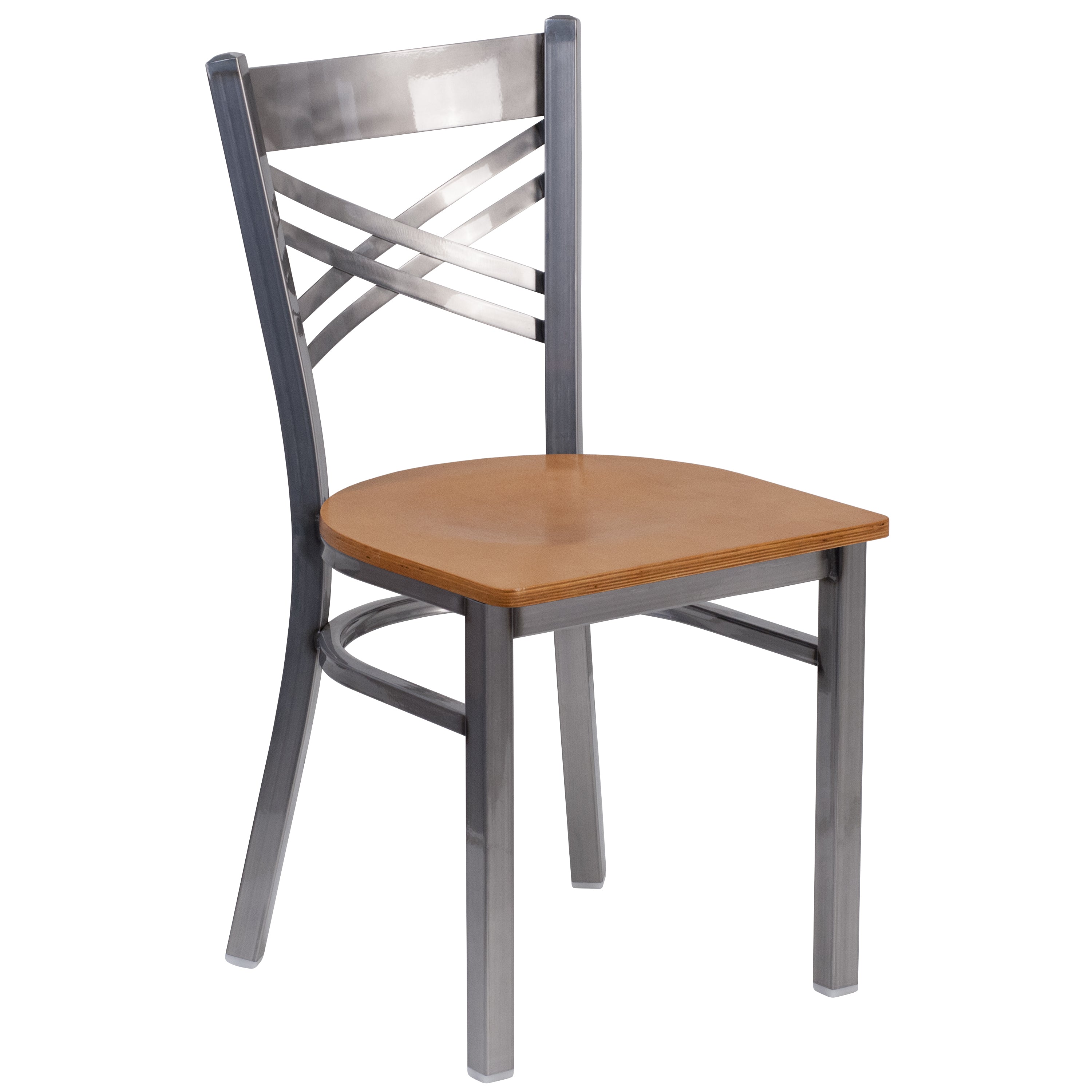 HERCULES Series Silver Antique Finish with Clear Coat ''X'' Back Metal Restaurant Chair - Natural Wood Seat