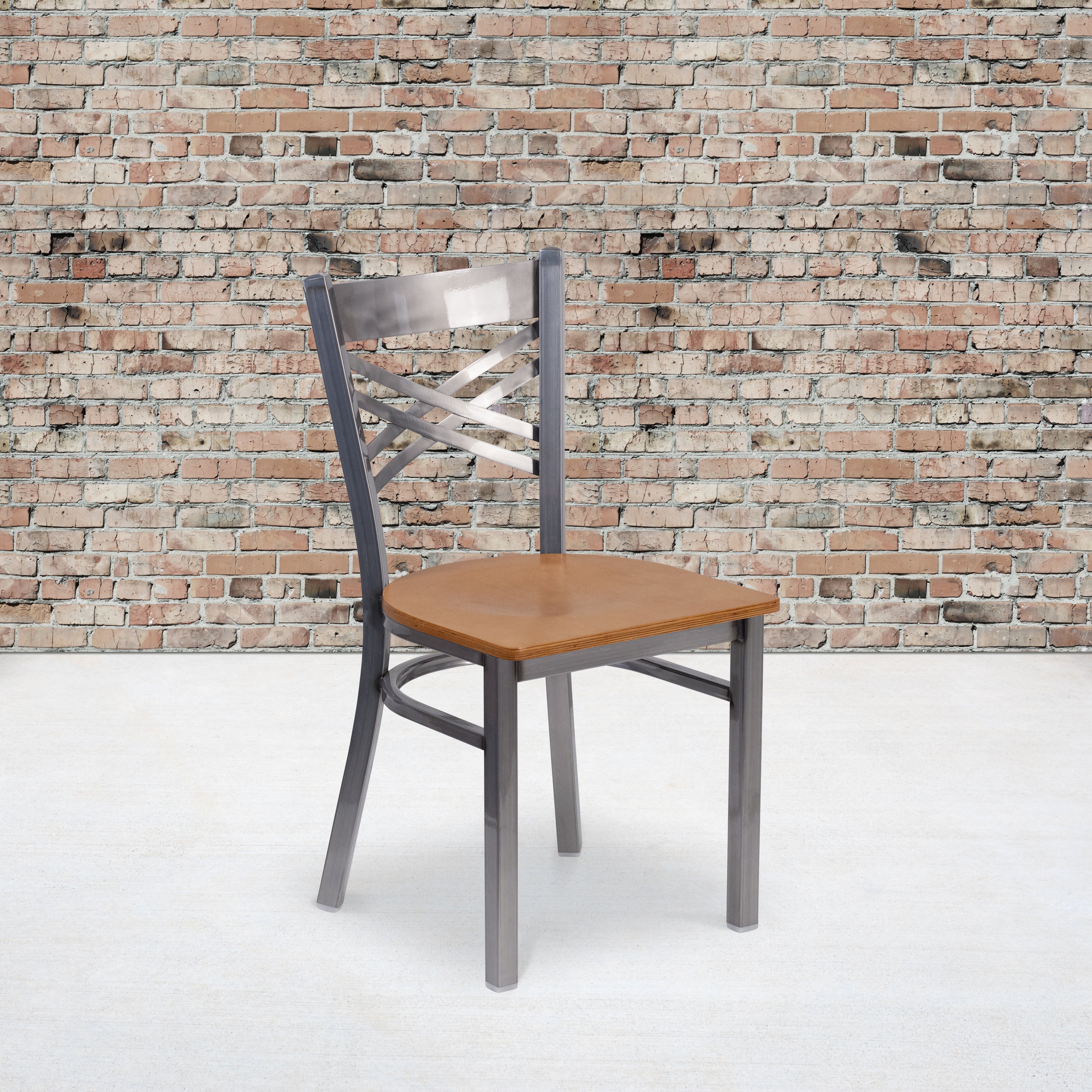 HERCULES Series Silver Antique Finish with Clear Coat ''X'' Back Metal Restaurant Chair - Natural Wood Seat