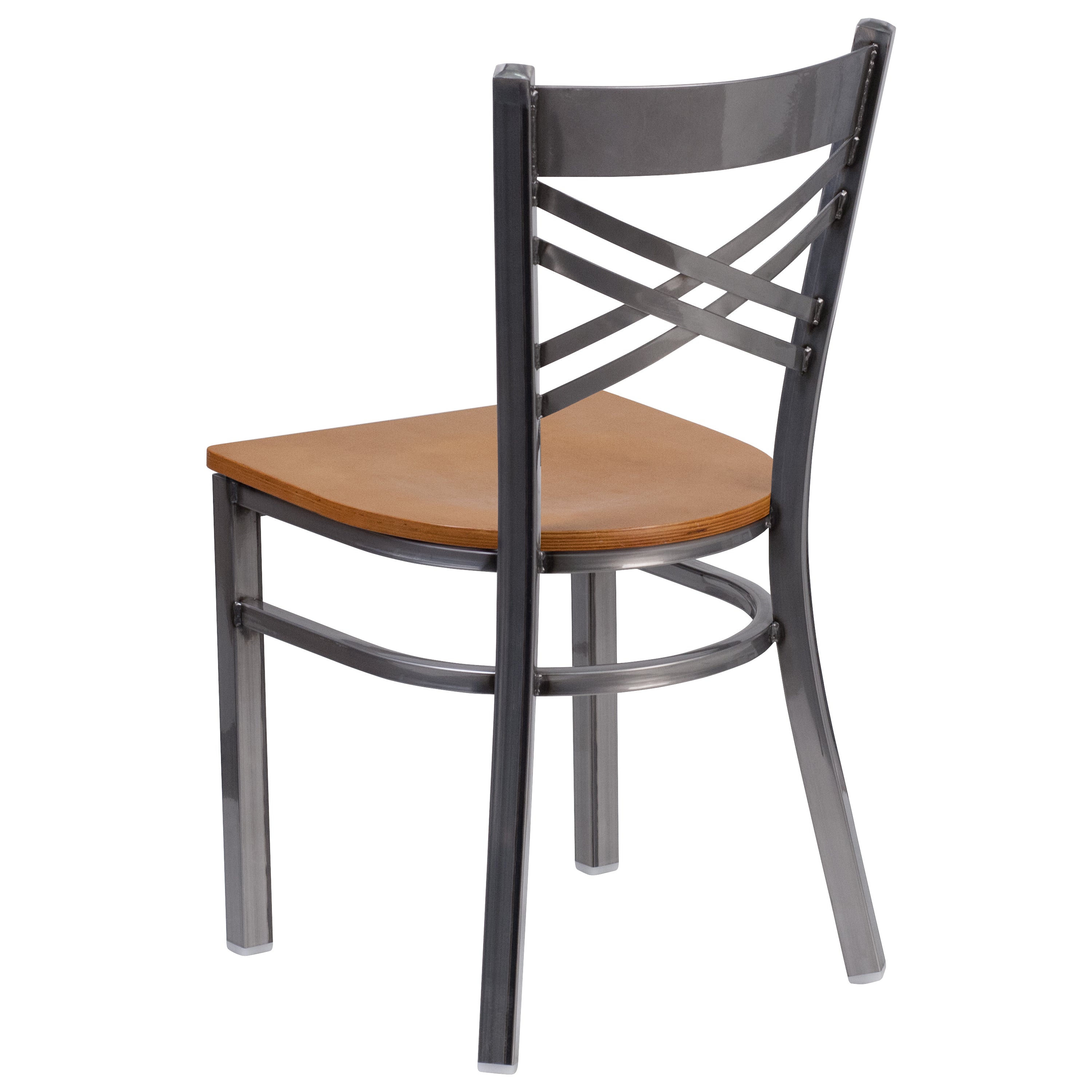 HERCULES Series Silver Antique Finish with Clear Coat ''X'' Back Metal Restaurant Chair - Natural Wood Seat