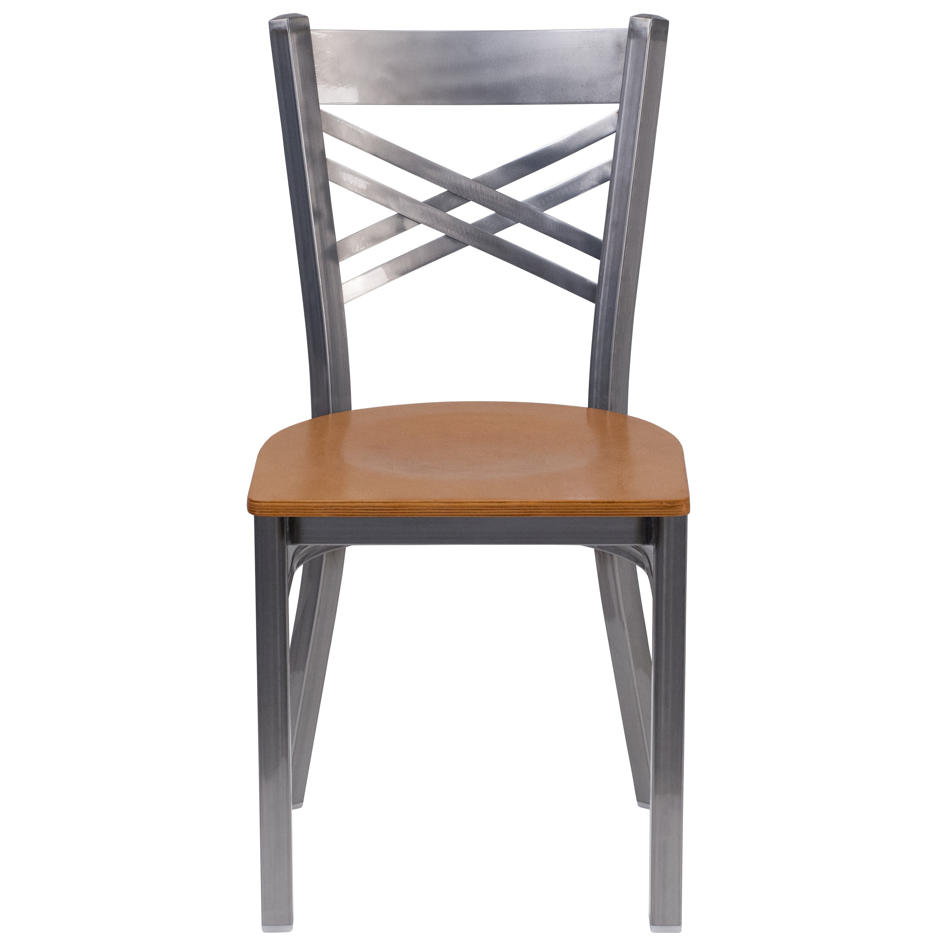 HERCULES Series Silver Antique Finish with Clear Coat ''X'' Back Metal Restaurant Chair - Natural Wood Seat