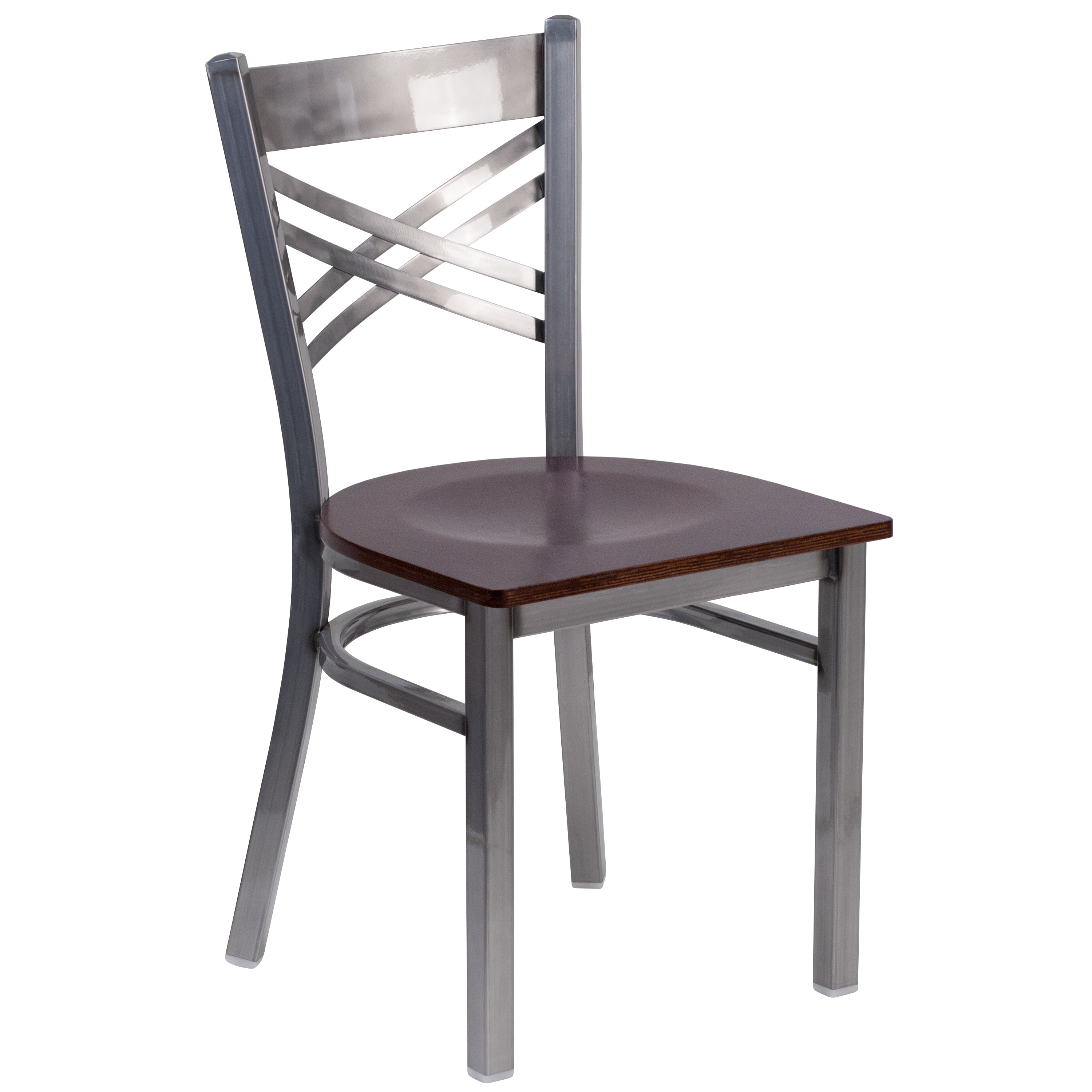 HERCULES Series Silver Antique Finish with Clear Coat ''X'' Back Metal Restaurant Chair - Walnut Wood Seat
