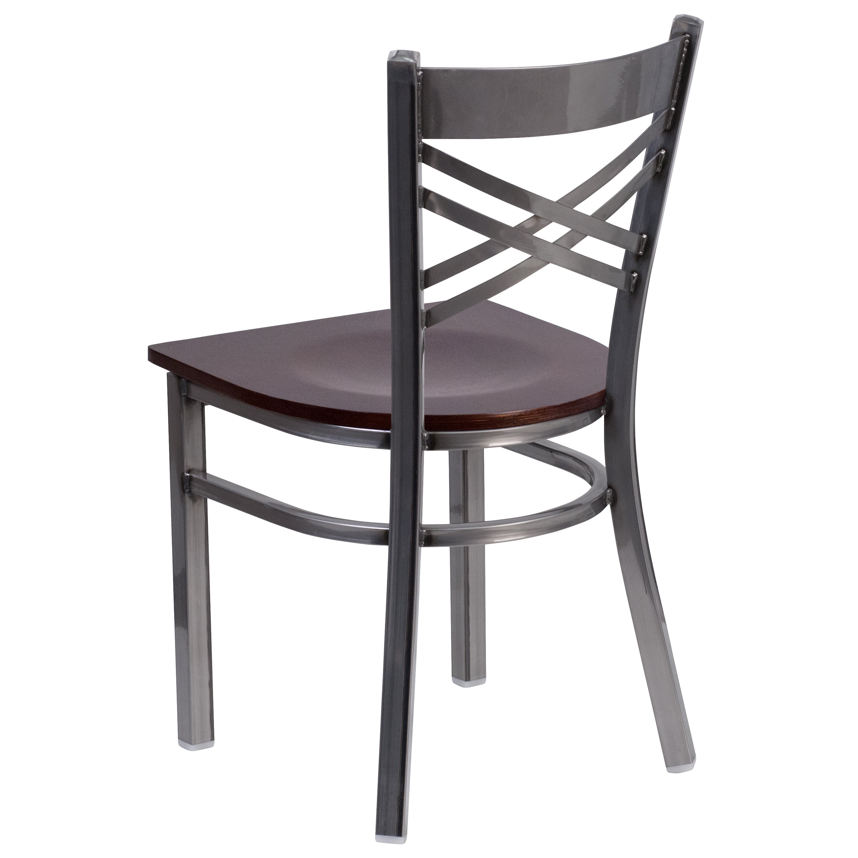 HERCULES Series Silver Antique Finish with Clear Coat ''X'' Back Metal Restaurant Chair - Walnut Wood Seat