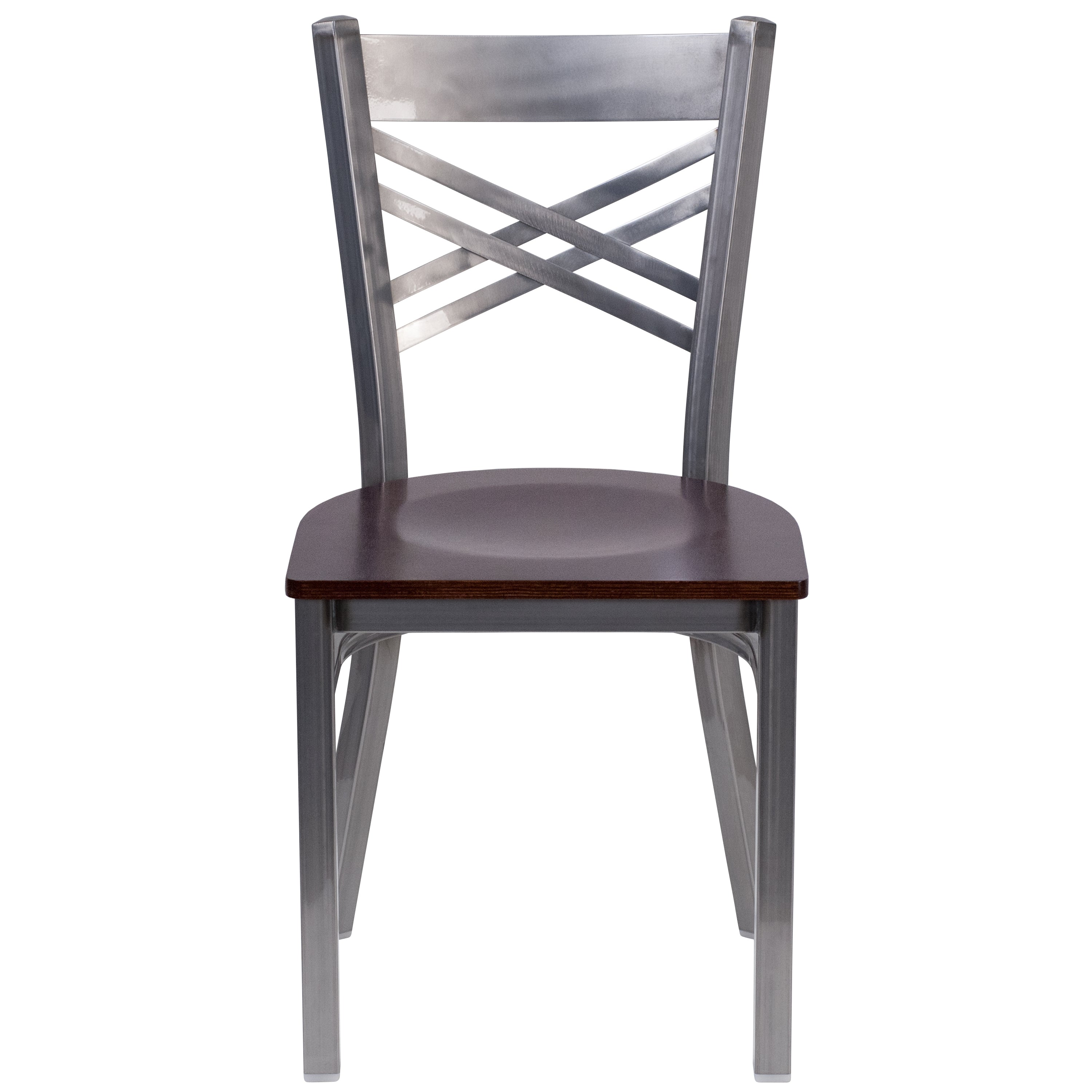 HERCULES Series Silver Antique Finish with Clear Coat ''X'' Back Metal Restaurant Chair - Walnut Wood Seat