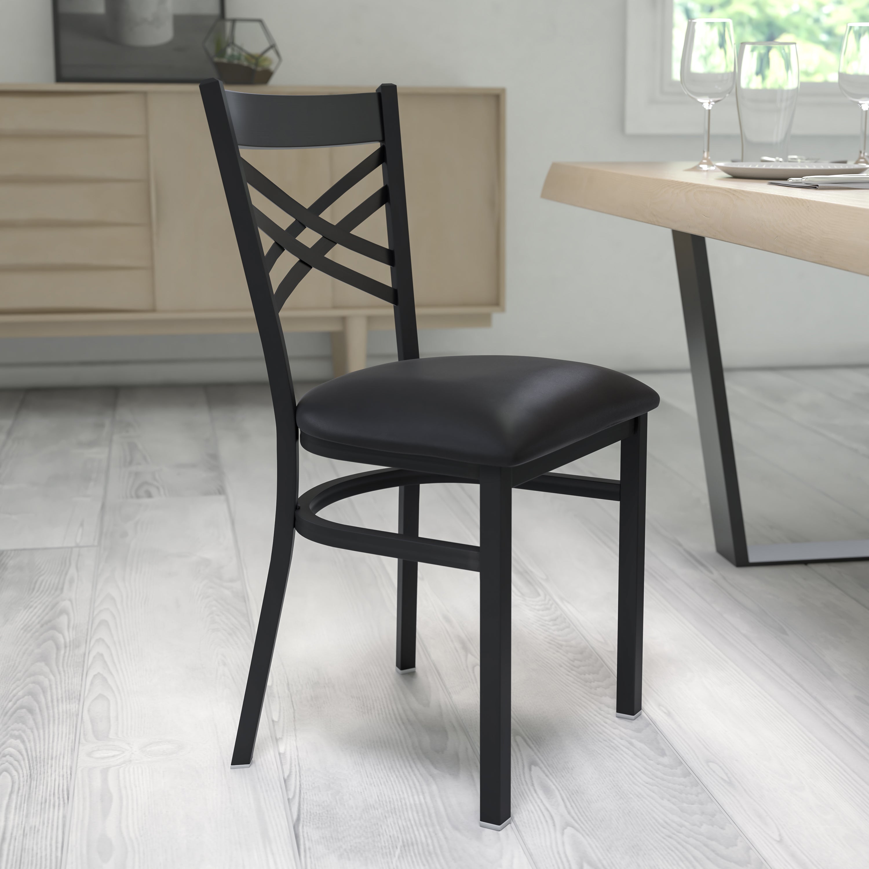 HERCULES Series Black ''X'' Back Metal Restaurant Chair - Black Vinyl Seat