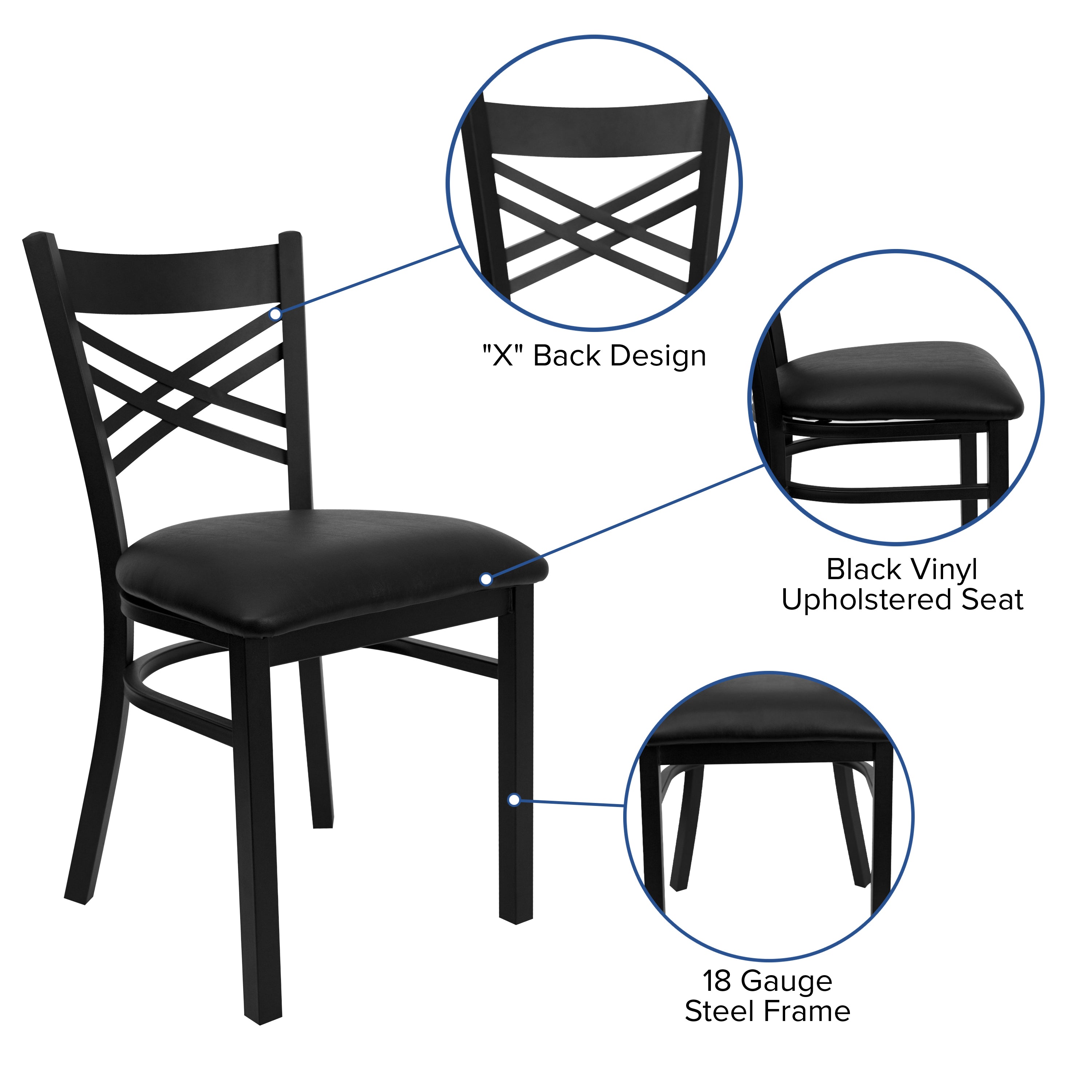 HERCULES Series Black ''X'' Back Metal Restaurant Chair - Black Vinyl Seat