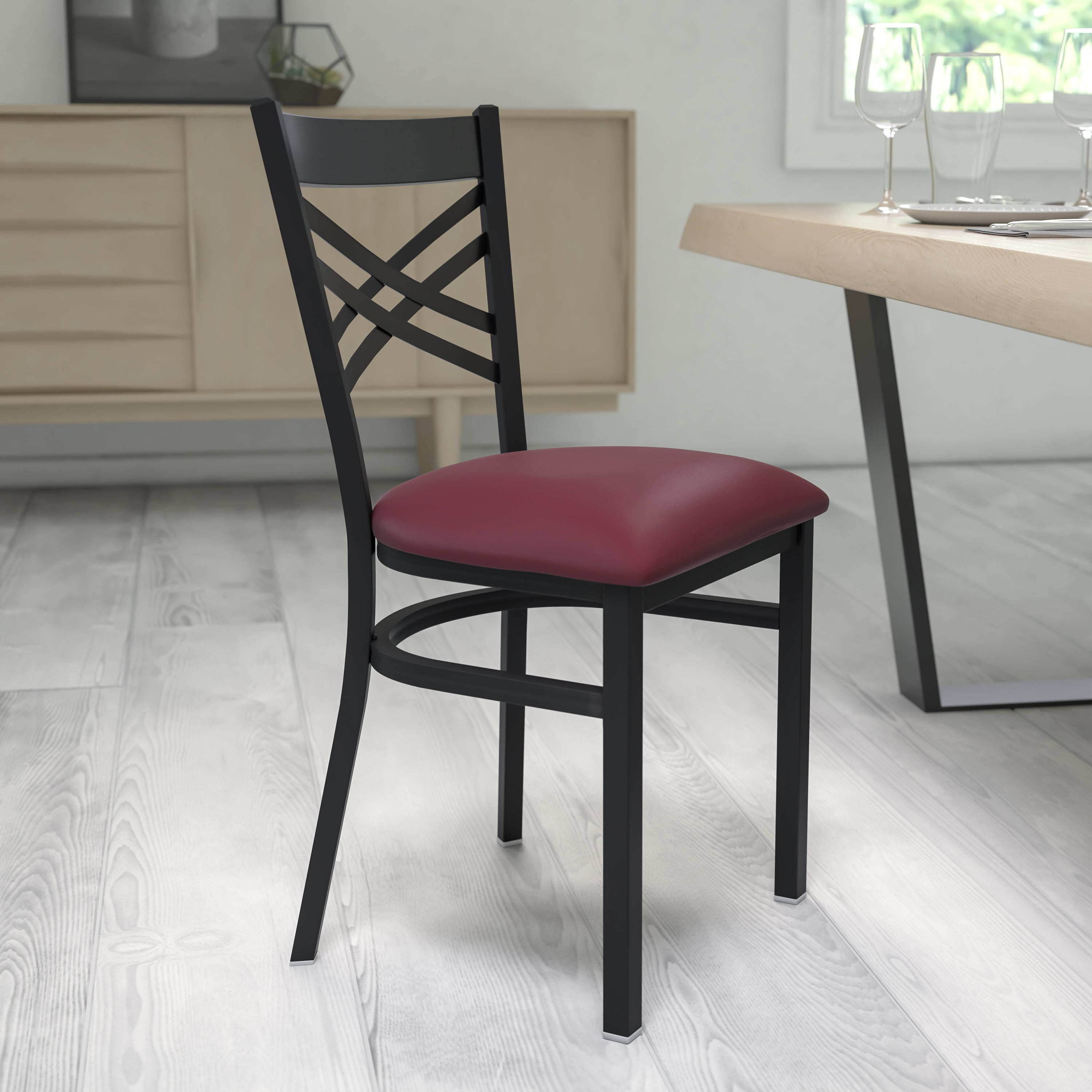 HERCULES Series Black ''X'' Back Metal Restaurant Chair - Burgundy Vinyl Seat