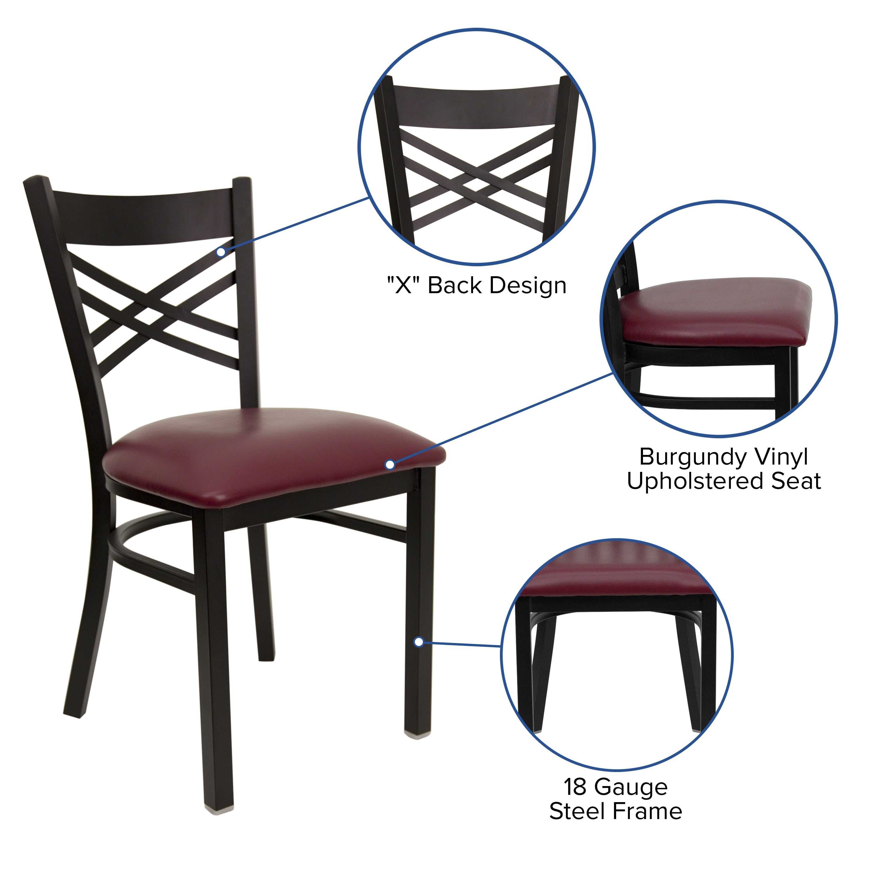HERCULES Series Black ''X'' Back Metal Restaurant Chair - Burgundy Vinyl Seat