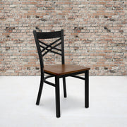 HERCULES Series Black ''X'' Back Metal Restaurant Chair - Cherry Wood Seat