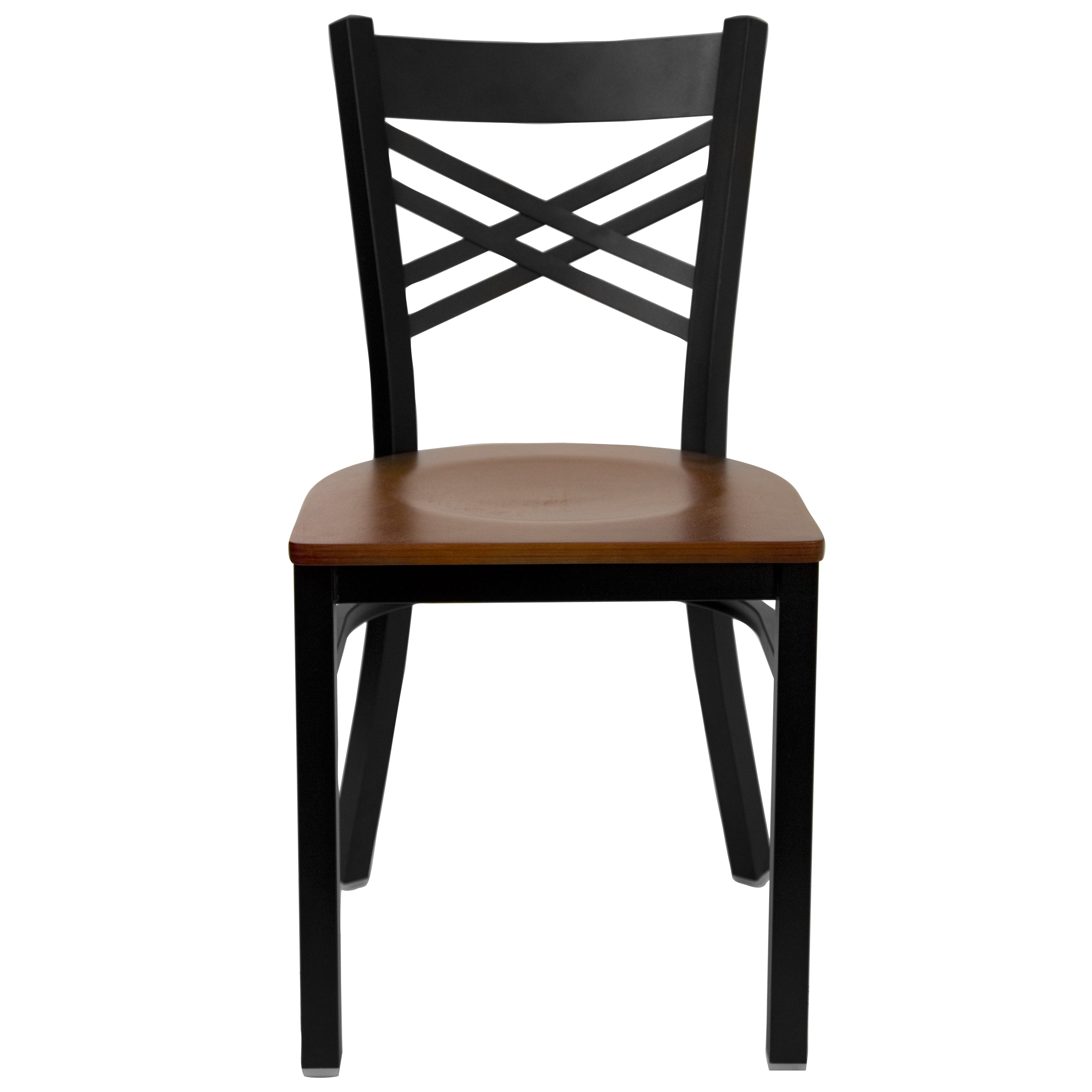 HERCULES Series Black ''X'' Back Metal Restaurant Chair - Cherry Wood Seat
