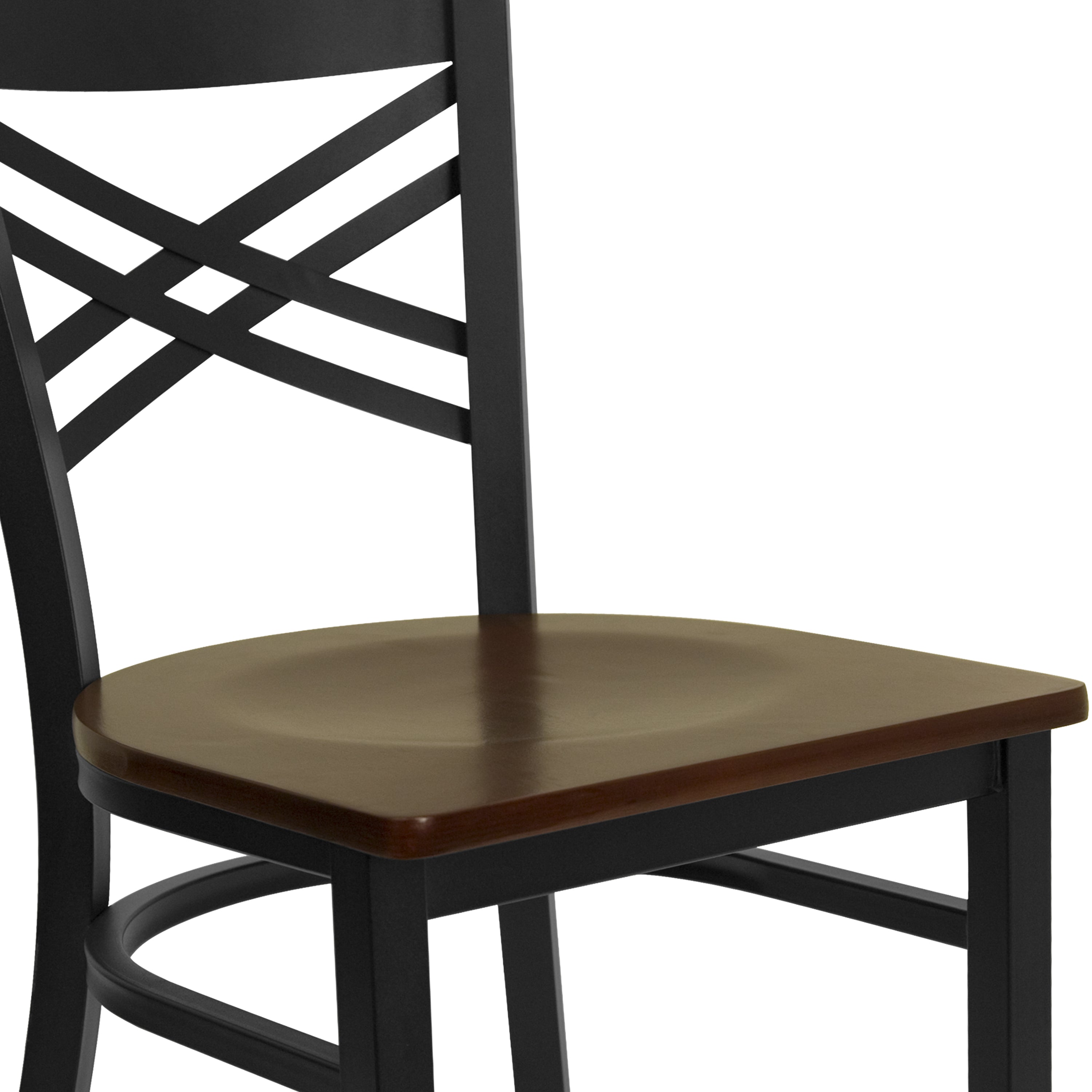 HERCULES Series Black ''X'' Back Metal Restaurant Chair - Mahogany Wood Seat