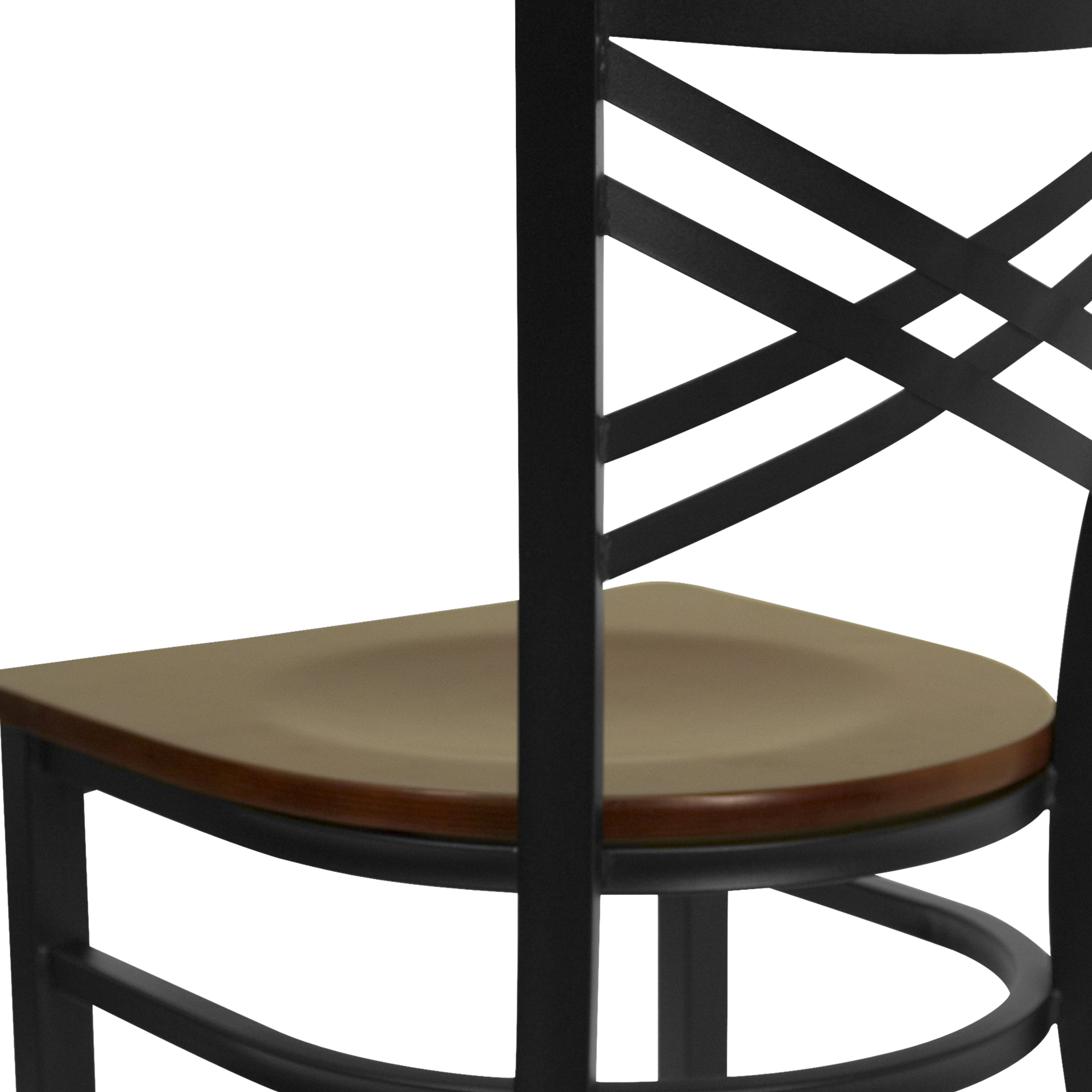 HERCULES Series Black ''X'' Back Metal Restaurant Chair - Mahogany Wood Seat