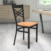 HERCULES Series Black ''X'' Back Metal Restaurant Chair - Natural Wood Seat
