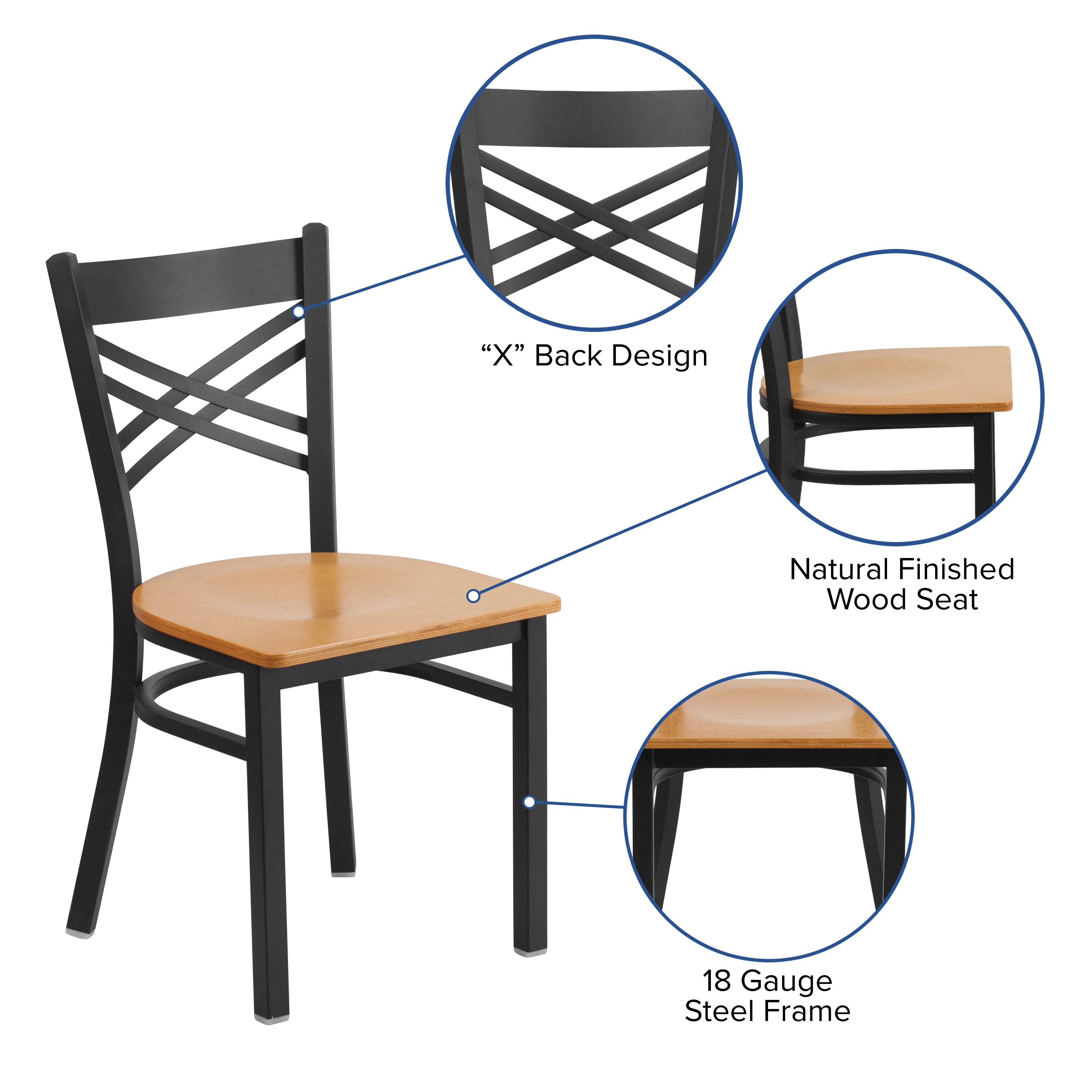 HERCULES Series Black ''X'' Back Metal Restaurant Chair - Natural Wood Seat