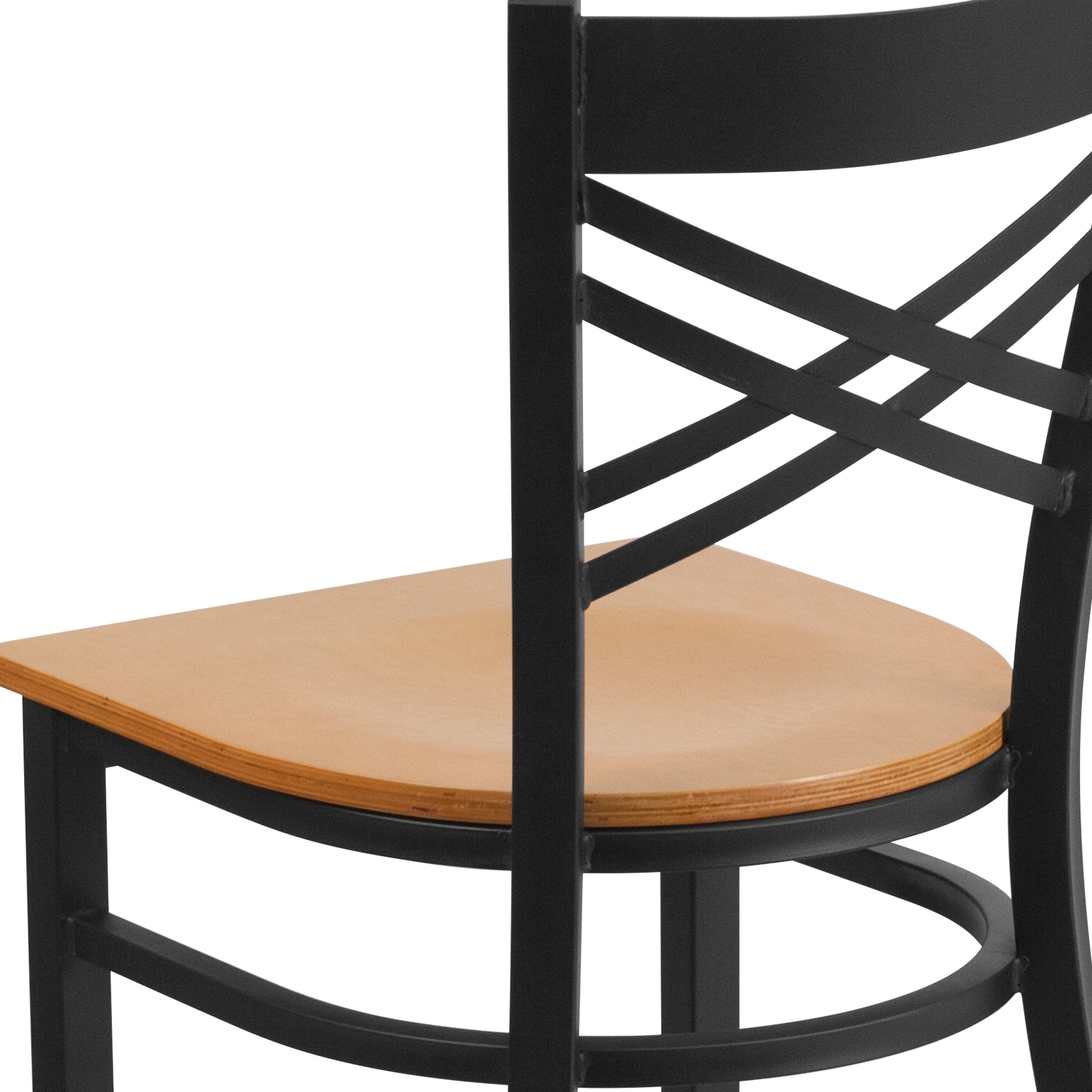 HERCULES Series Black ''X'' Back Metal Restaurant Chair - Natural Wood Seat