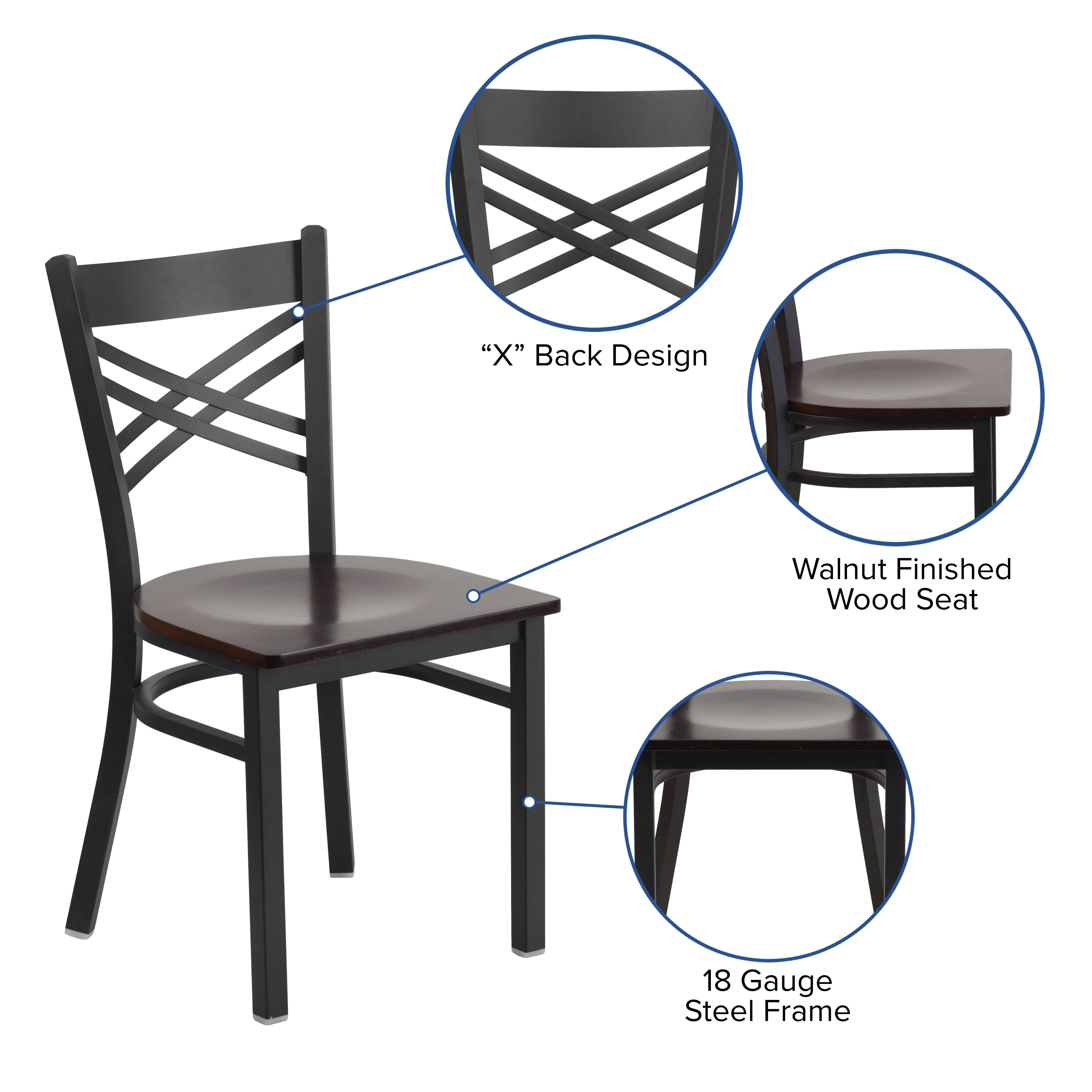 HERCULES Series Black ''X'' Back Metal Restaurant Chair - Walnut Wood Seat