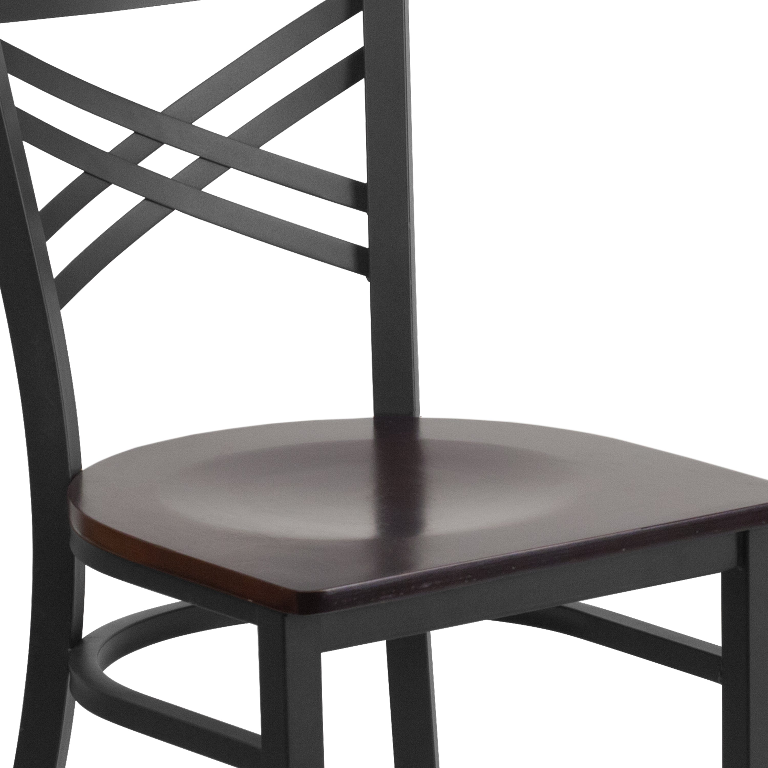 HERCULES Series Black ''X'' Back Metal Restaurant Chair - Walnut Wood Seat
