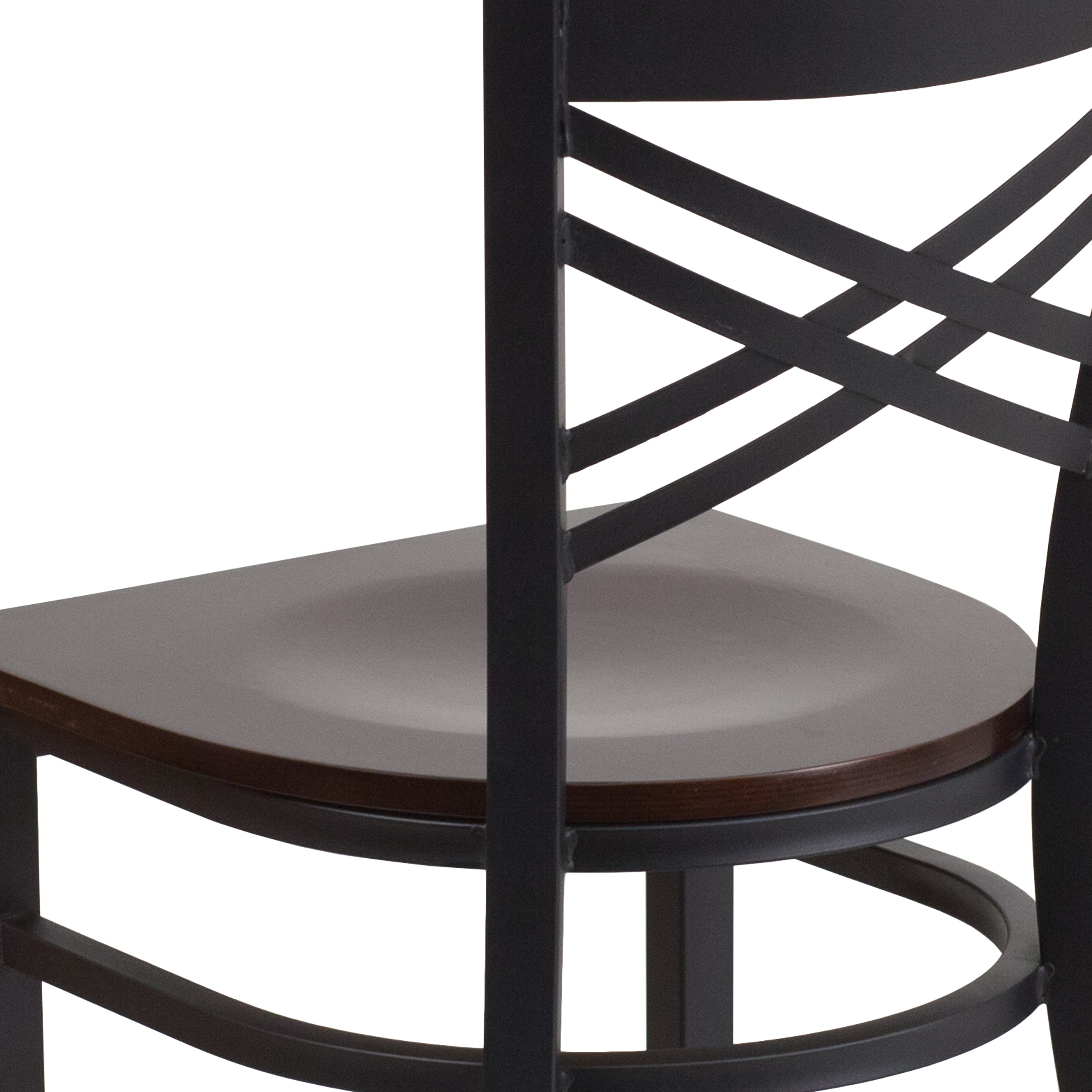 HERCULES Series Black ''X'' Back Metal Restaurant Chair - Walnut Wood Seat