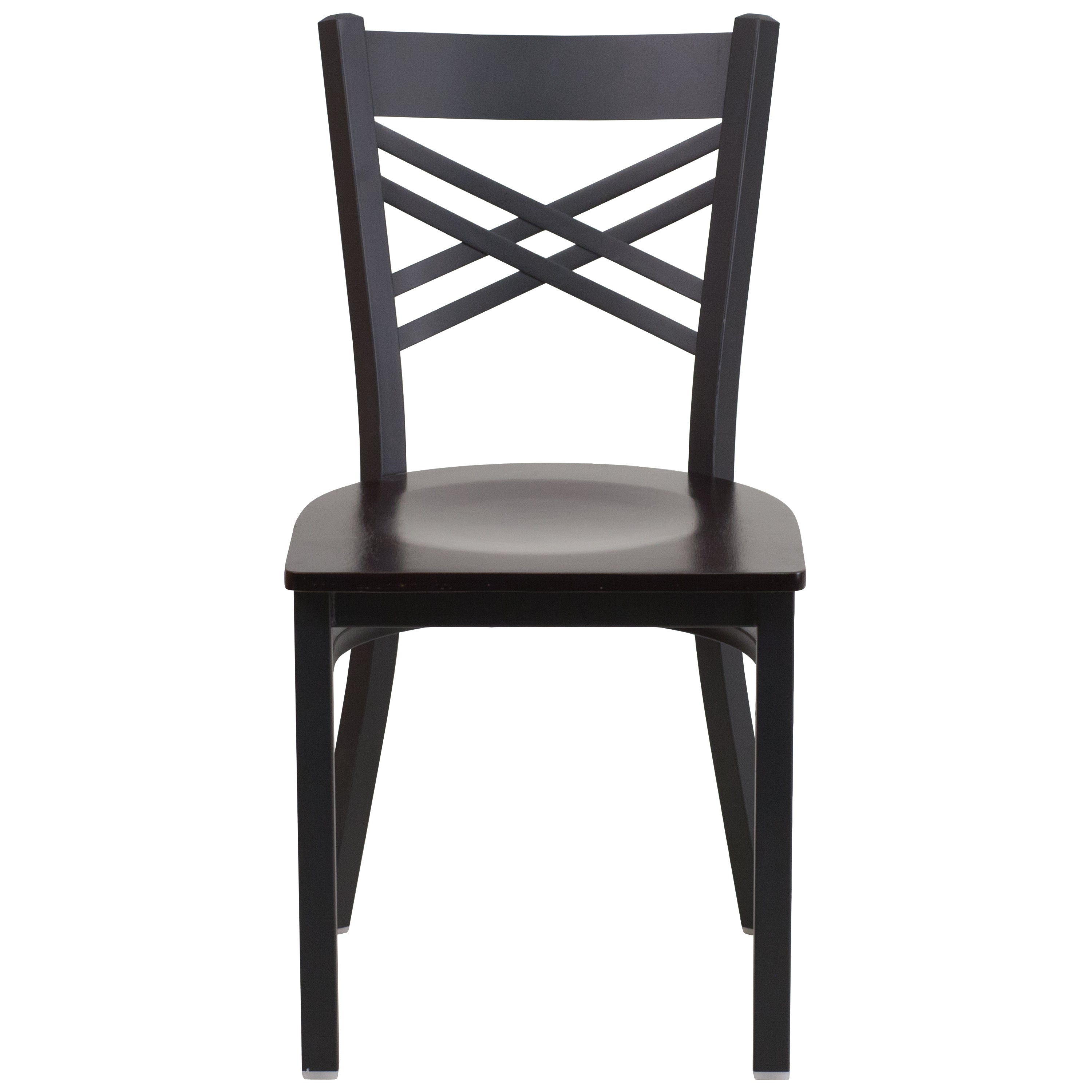 HERCULES Series Black ''X'' Back Metal Restaurant Chair - Walnut Wood Seat