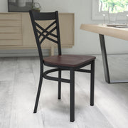 HERCULES Series Black ''X'' Back Metal Restaurant Chair - Walnut Wood Seat