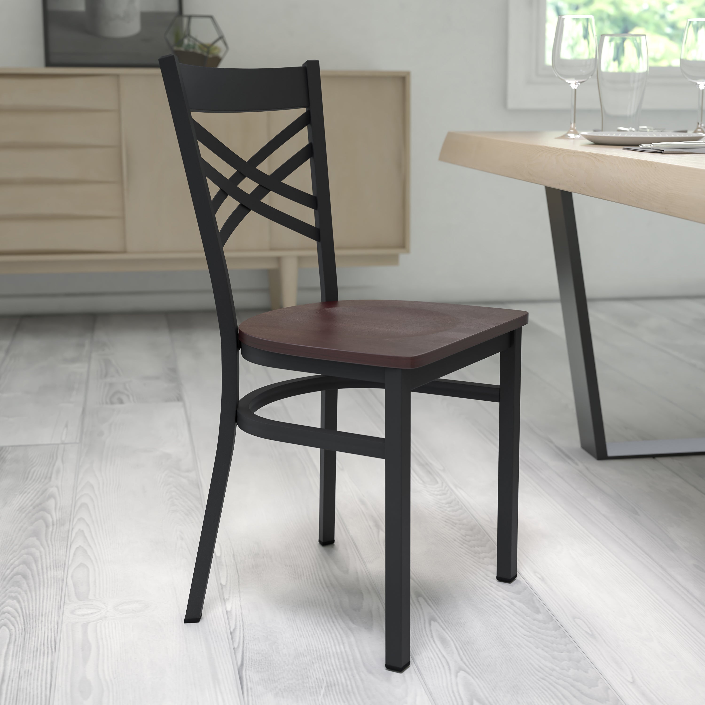HERCULES Series Black ''X'' Back Metal Restaurant Chair - Walnut Wood Seat