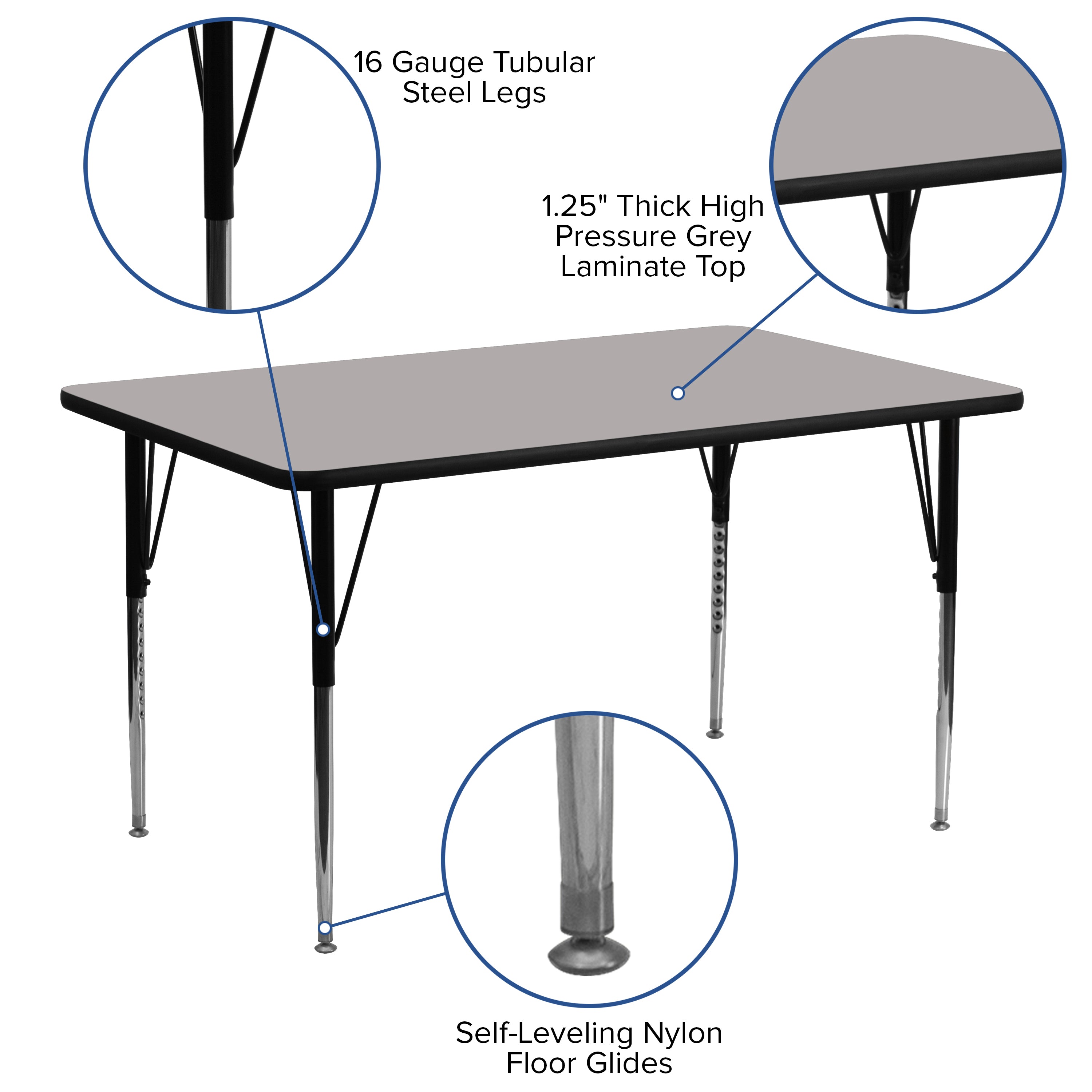 Wren 24''W x 60''L Rectangular Grey HP Laminate Activity Table - Standard Height Adjustable Legs