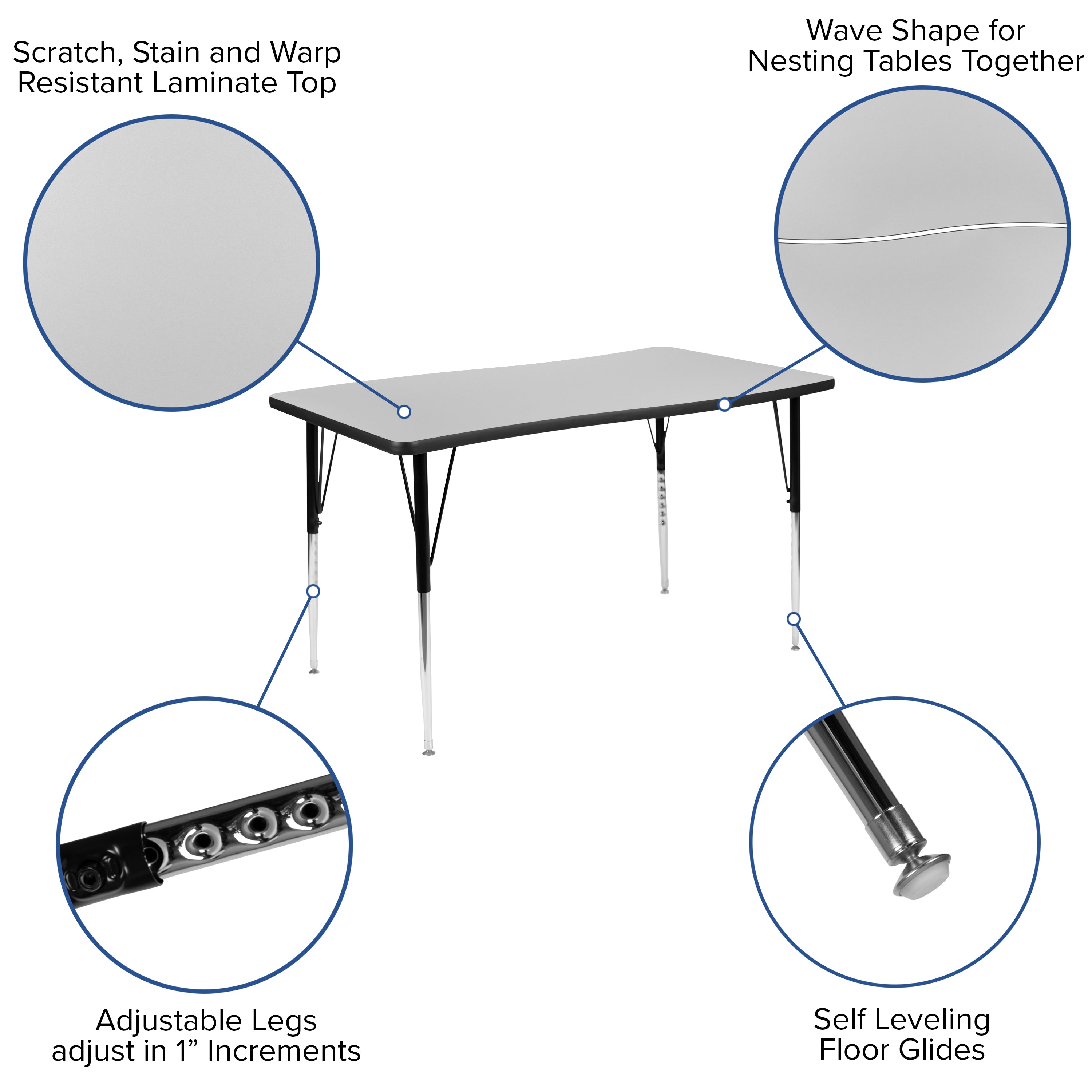 Wren 28"W x 47.5"L Rectangular Wave Flexible Collaborative Grey Thermal Laminate Activity Table-Standard Height Adjust Legs