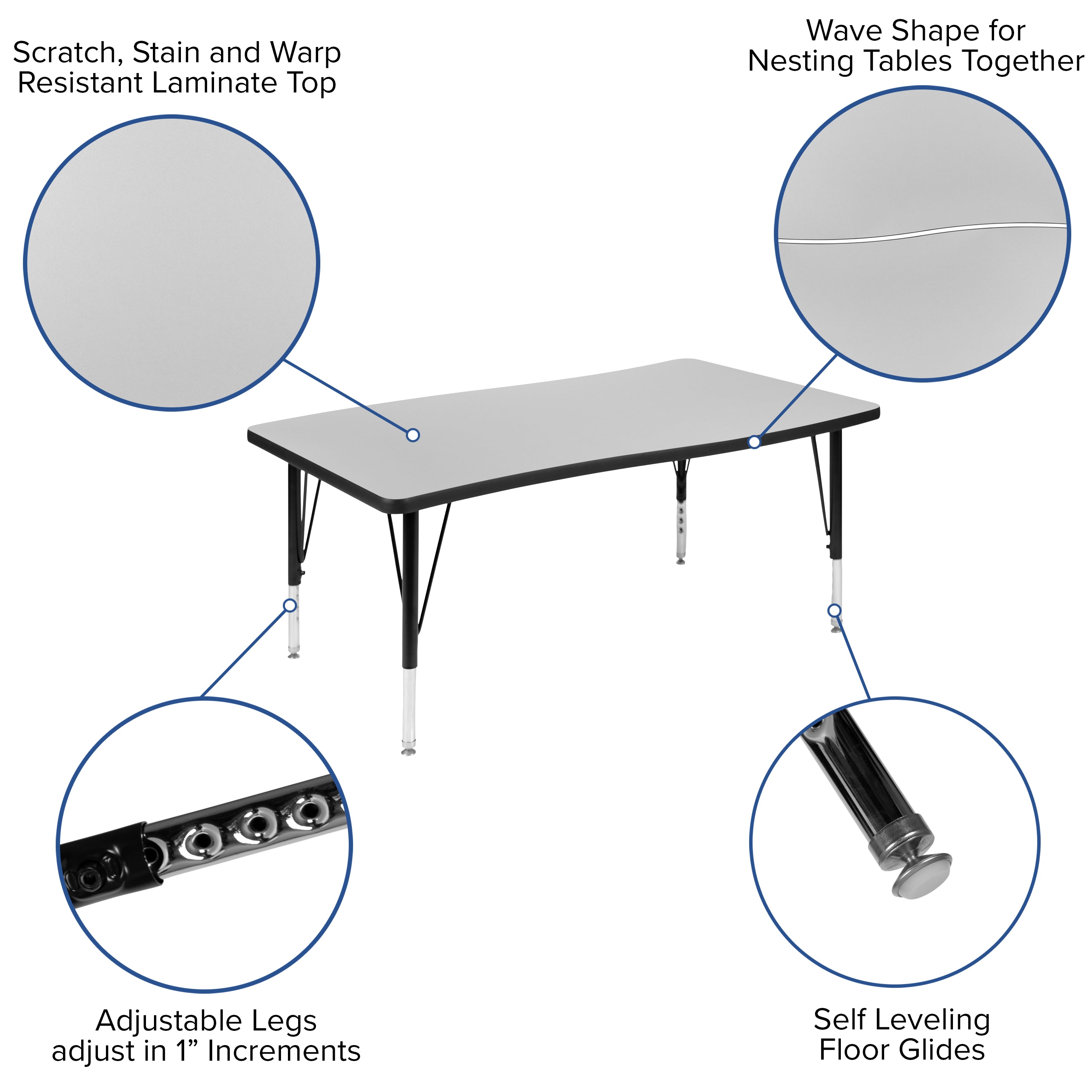 Wren 28"W x 47.5"L Rectangle Wave Flexible Collaborative Grey Thermal Laminate Activity Table - Height Adjust Short Legs
