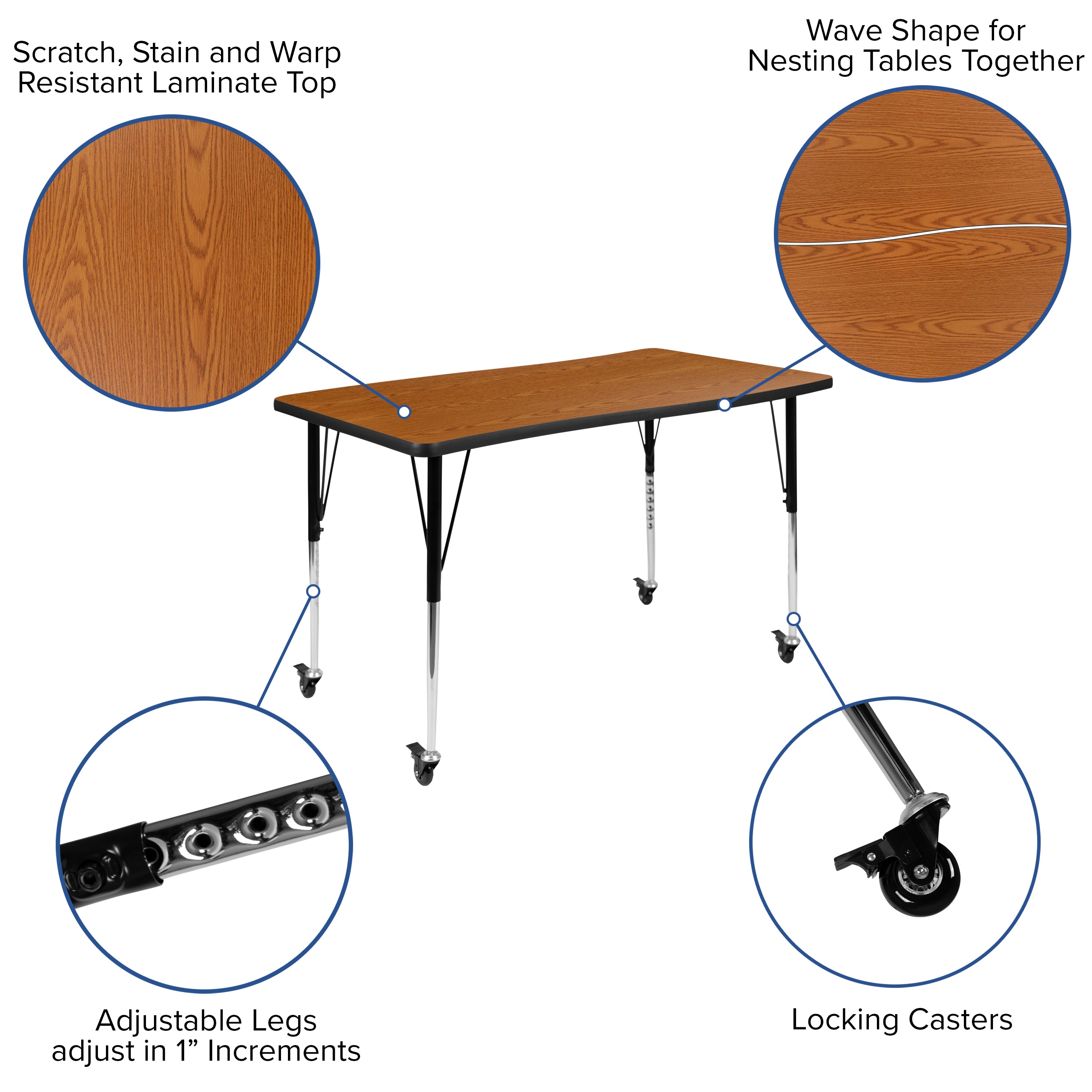 Wren Mobile 28"W x 47.5"L Rectangle Wave Flexible Collaborative Oak Laminate Activity Table-Standard Height Adjust Legs
