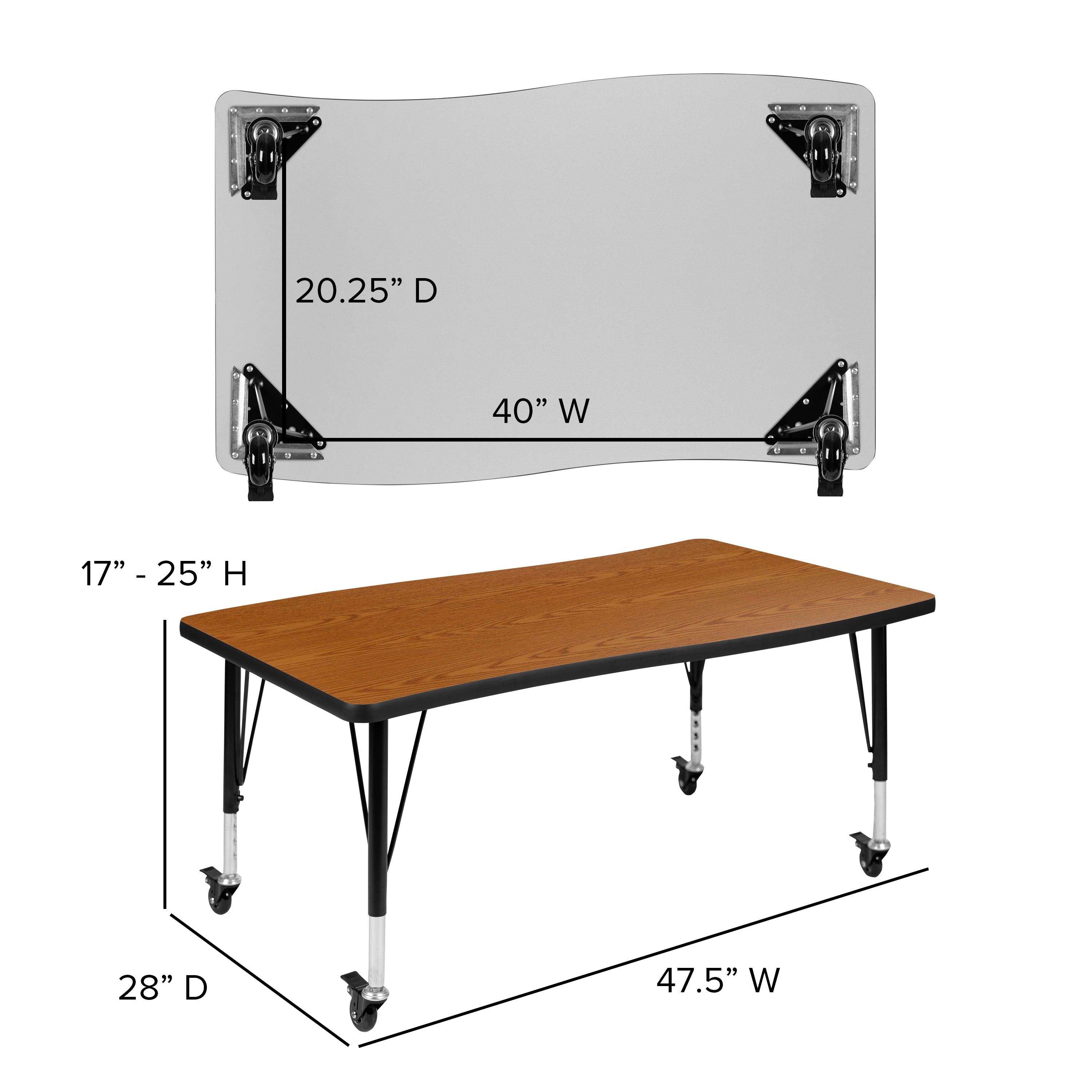 Wren Mobile 28"W x 47.5"L Rectangle Wave Flexible Collaborative Oak Laminate Activity Table - Height Adjust Short Legs