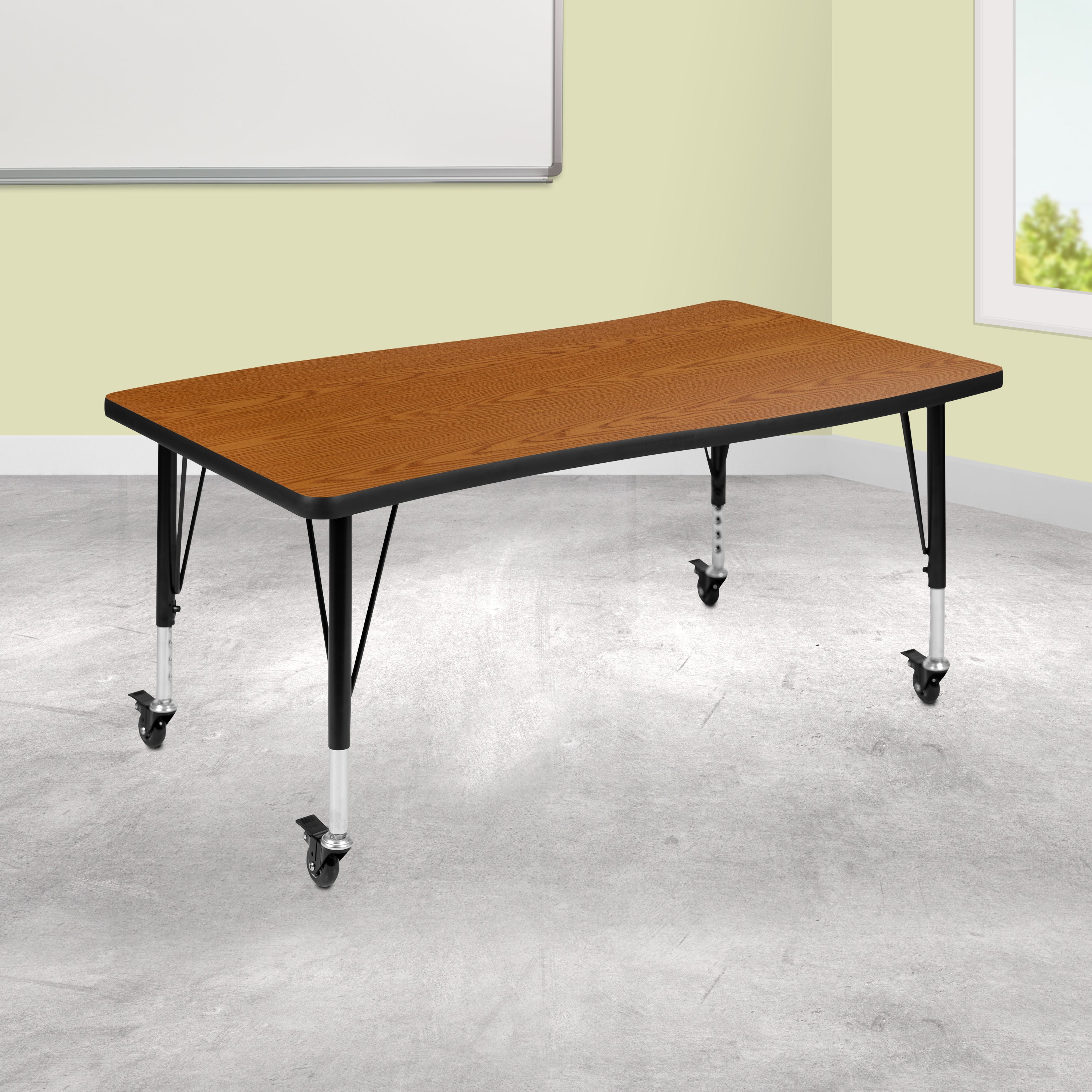 Wren Mobile 28"W x 47.5"L Rectangle Wave Flexible Collaborative Oak Laminate Activity Table - Height Adjust Short Legs