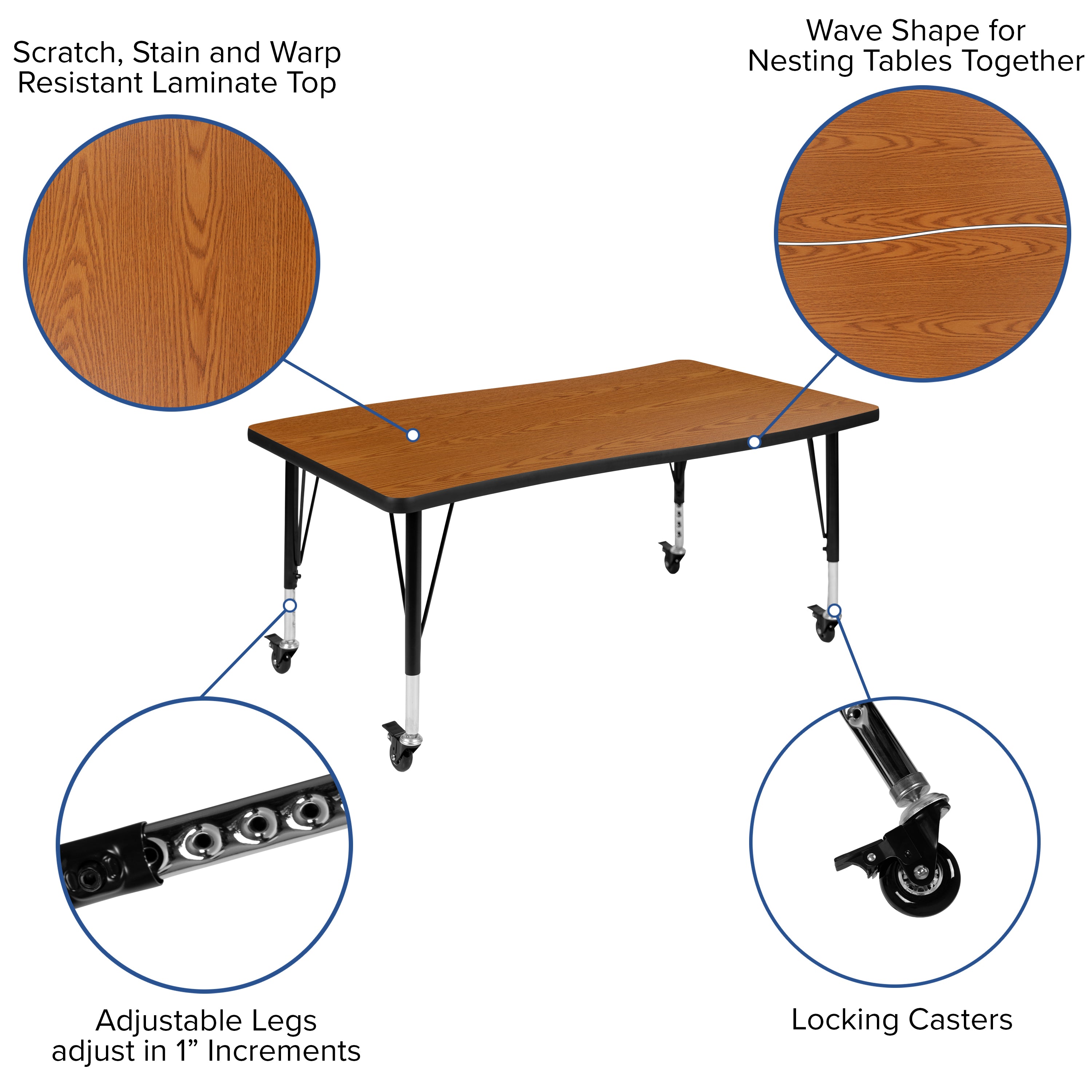 Wren Mobile 28"W x 47.5"L Rectangle Wave Flexible Collaborative Oak Laminate Activity Table - Height Adjust Short Legs