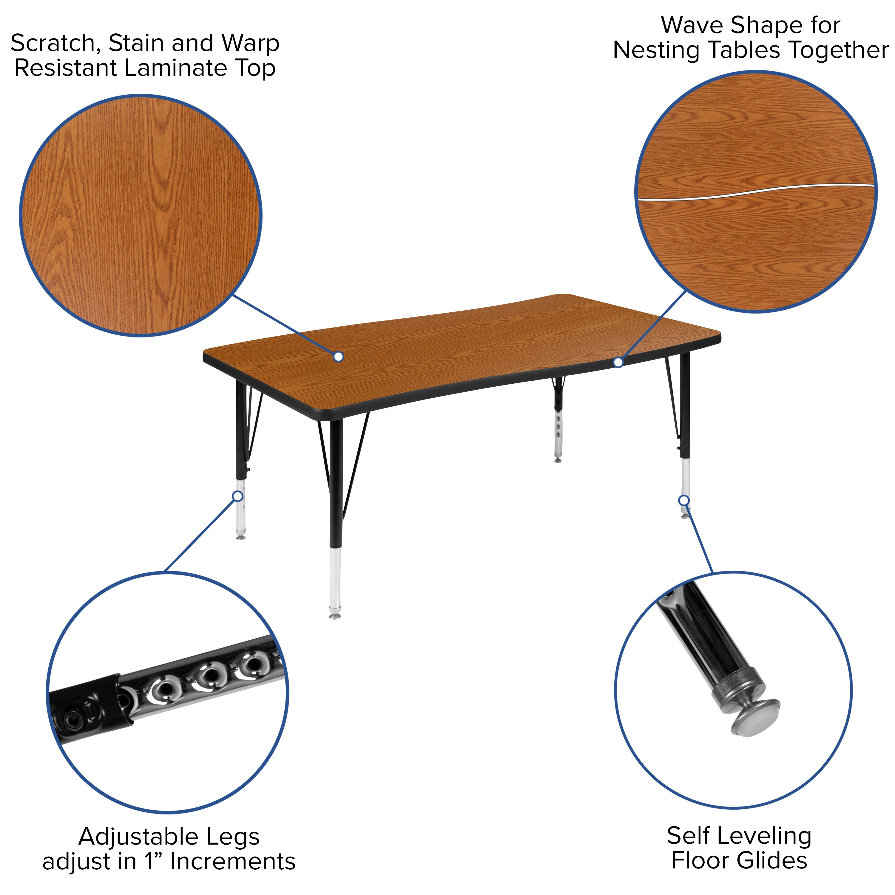 Wren 28"W x 47.5"L Rectangle Wave Flexible Collaborative Oak Thermal Laminate Activity Table - Height Adjust Short Legs