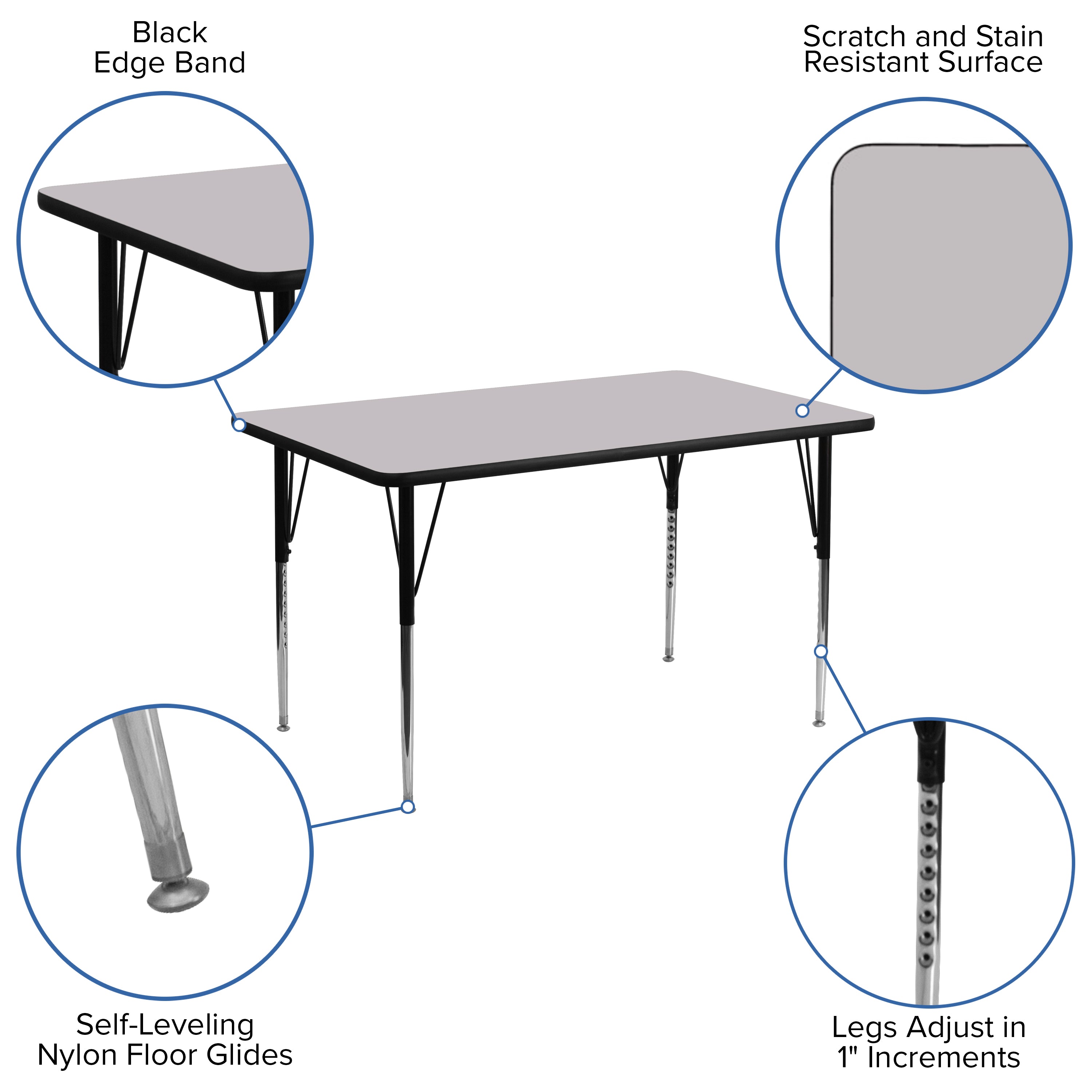 Wren 30''W x 48''L Rectangular Grey Thermal Laminate Activity Table - Standard Height Adjustable Legs