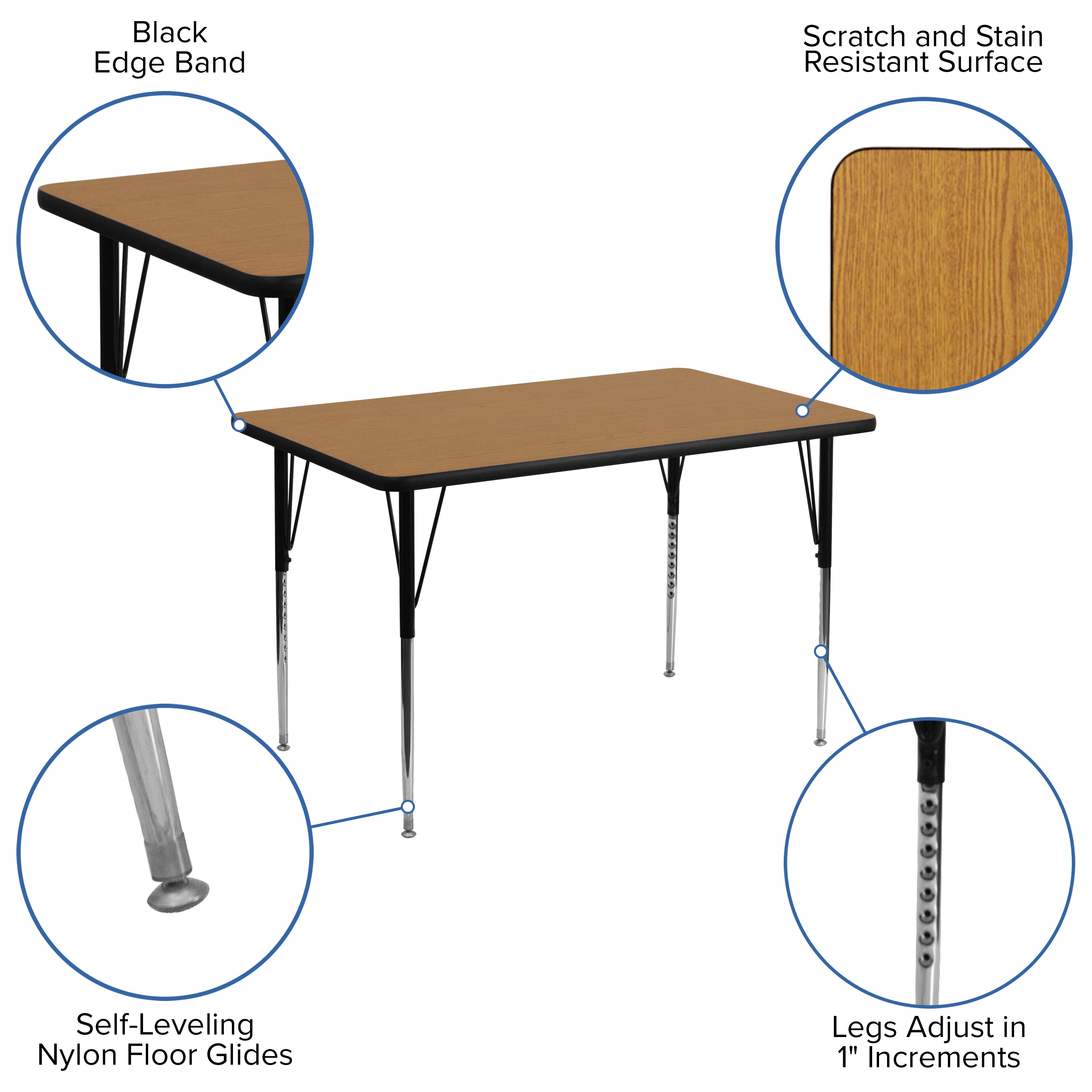 Wren 30''W x 48''L Rectangular Oak Thermal Laminate Activity Table - Standard Height Adjustable Legs