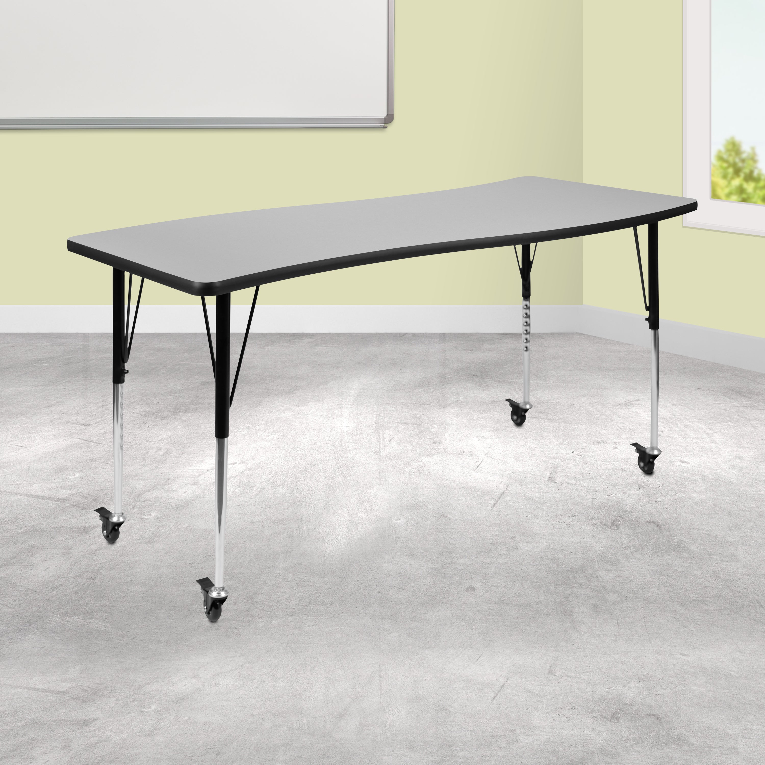 Wren Mobile 26"W x 60"L Rectangle Wave Flexible Collaborative Grey Laminate Activity Table - Standard Height Adjust Legs